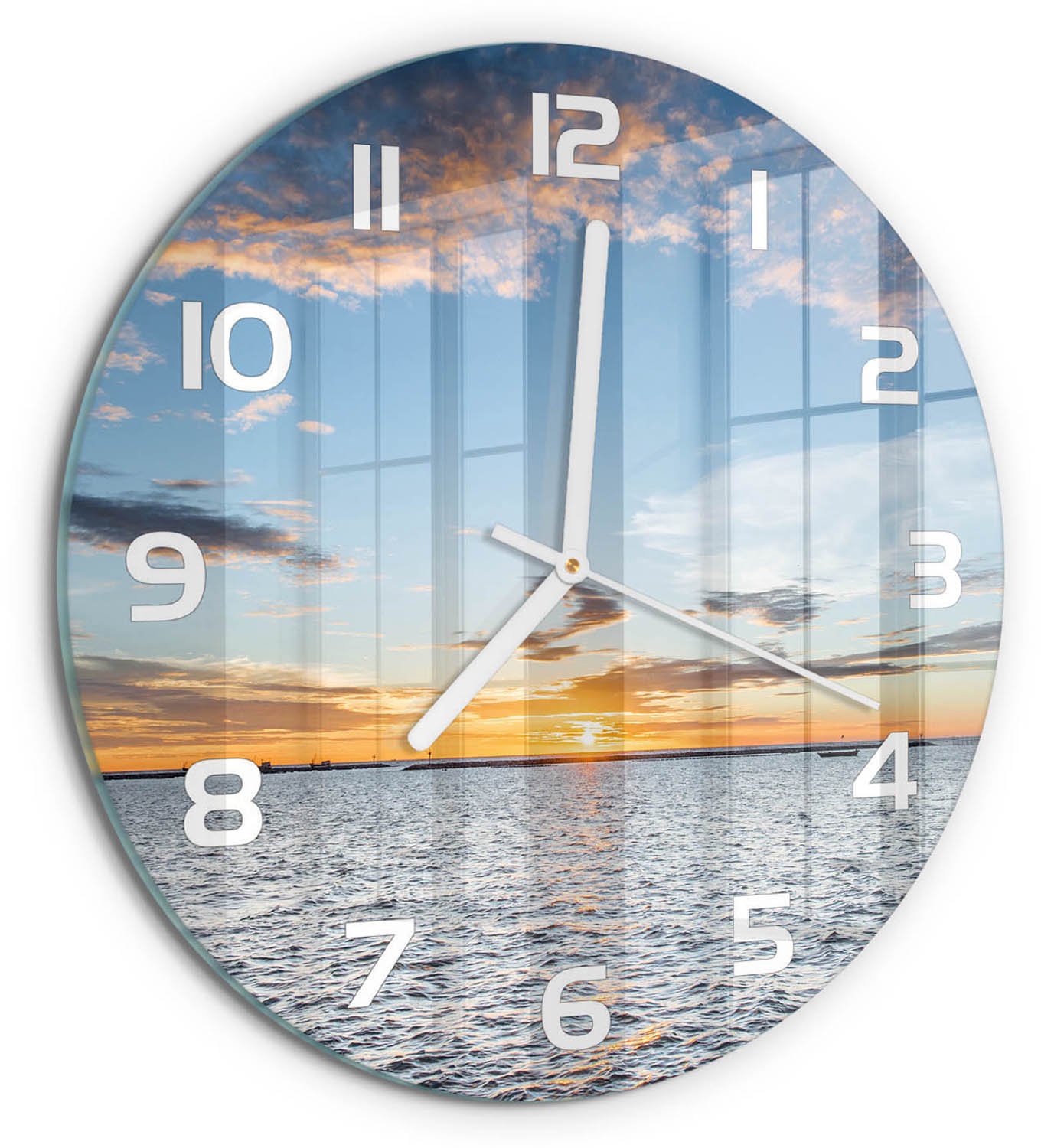 TULUP Wandklok - Schemering aan zee Gekleurde Glazen Klok - fi30 cm - Blauw Glazen Klok Met Print - Witte handen - Ronde Klok - Moderne Wandklok Glas - Wandklok Glas Decoratie