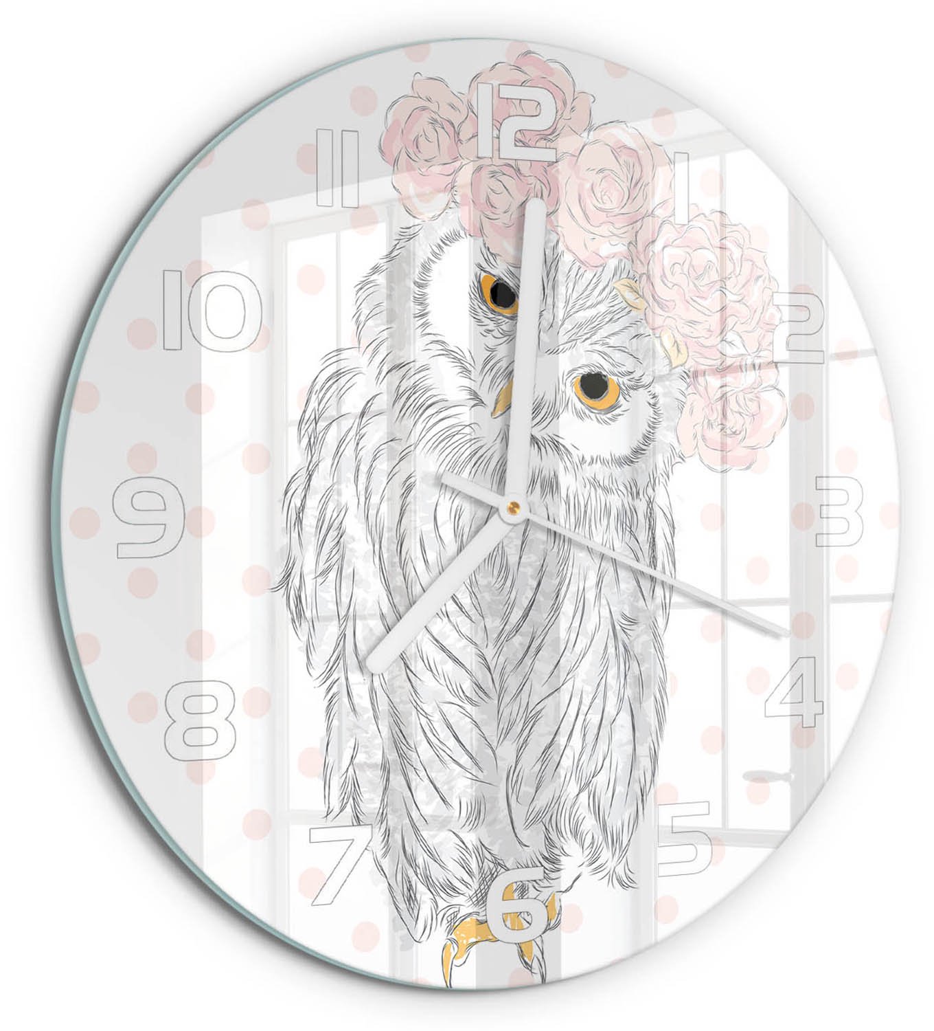 TULUP Wandklok - Uil in een krans Wandklok Glas Met Motief - fi30 cm - Roze Decoratieve Glazen Klok - Witte handen - Ronde Klok - Gekleurde Glazen Klok - Glazen Klok Met Print