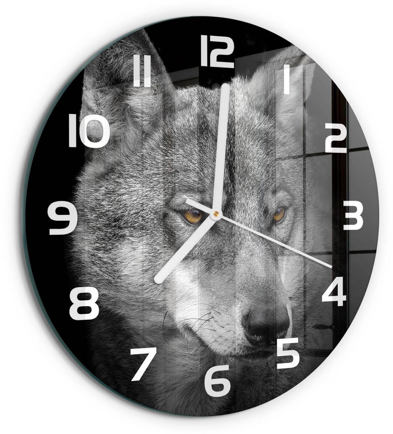 TULUP Wandklok - Wolf Glazen Wandklok Design - fi30 cm - Grijs Klok Glas Met Opdruk - Witte handen - Ronde Klok - Wandklok Glas Met Motief - Decoratieve Glazen Klok