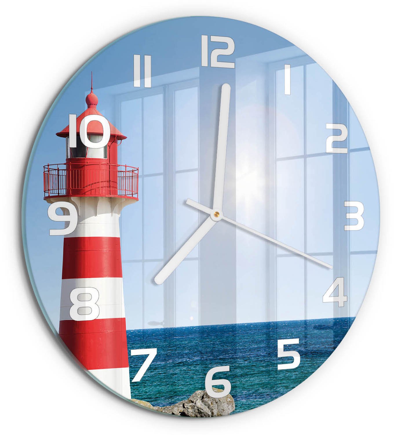 TULUP Wandklok - Vuurtoren Gekleurde Glazen Klok - fi30 cm - Rood Glazen Klok Met Print - Witte handen - Ronde Klok - Moderne Wandklok Glas - Wandklok Glas Decoratie