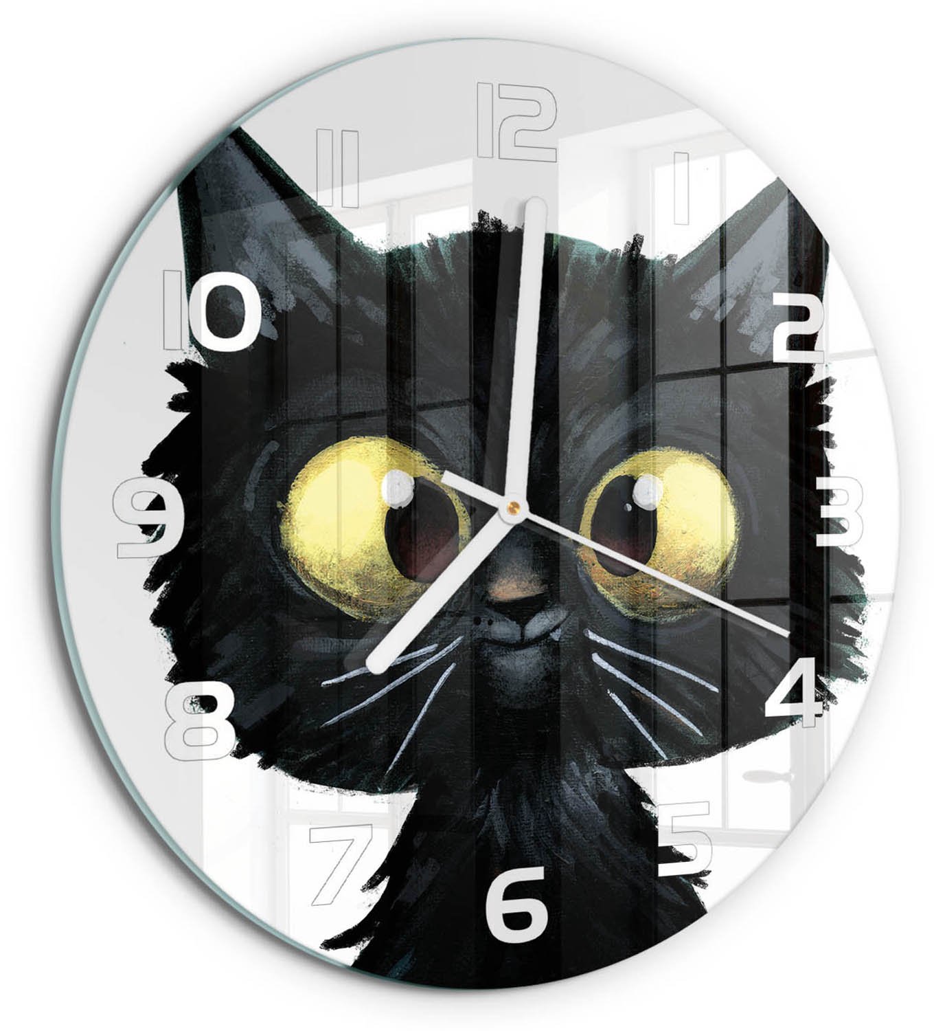 TULUP Wandklok - Kattenillustratie Glazen Klok Met Print - fi30 cm - zwart Wandklok Glas Met Motief - Witte handen - Ronde Klok - Wandklok Glas Decoratie - Gekleurde Glazen Klok