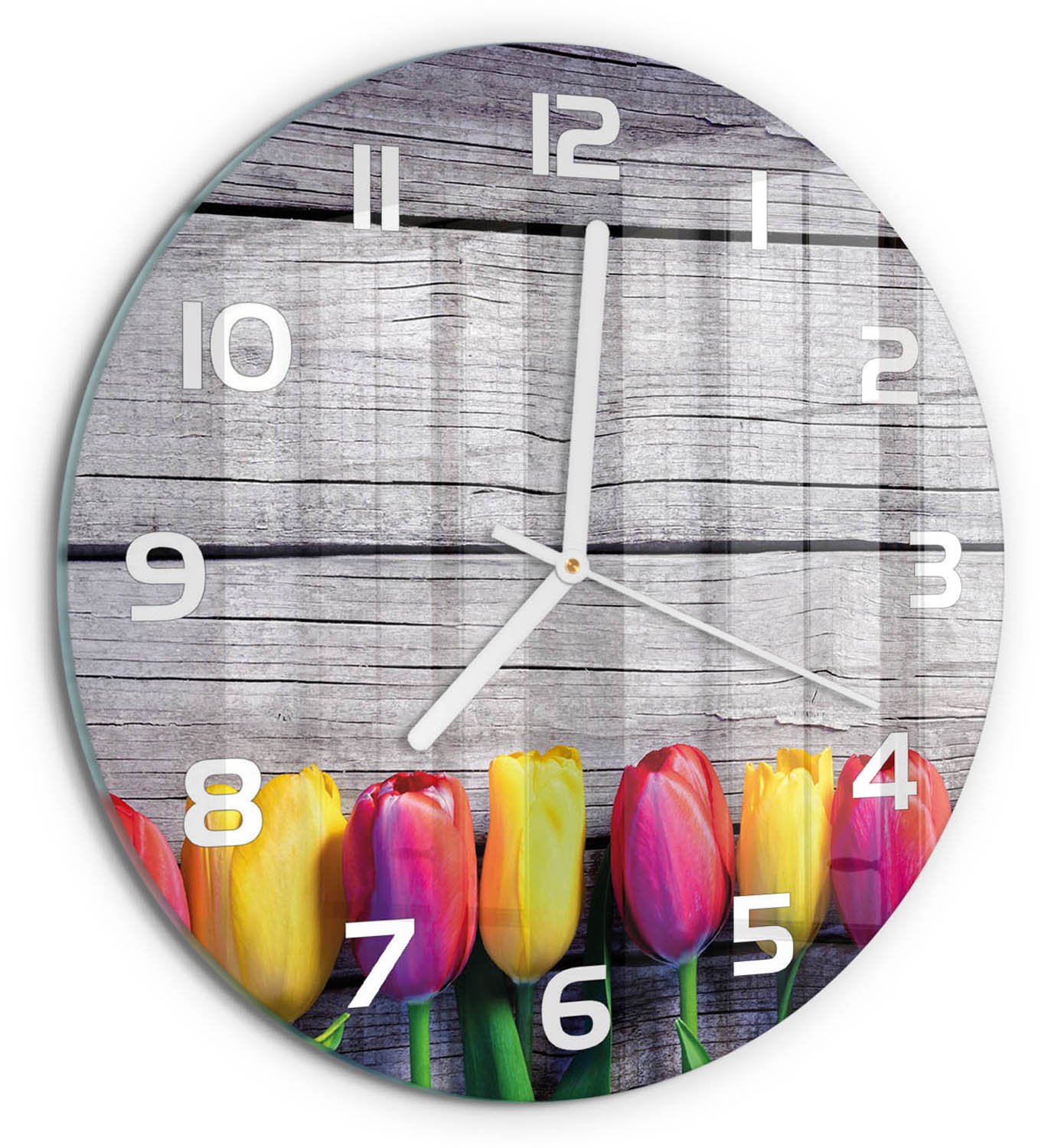 TULUP Wandklok - Tulpen op hout Gekleurde Glazen Klok - fi30 cm - Veelkleurig Glazen Klok Met Print - Witte handen - Ronde Klok - Moderne Wandklok Glas - Wandklok Glas Decoratie