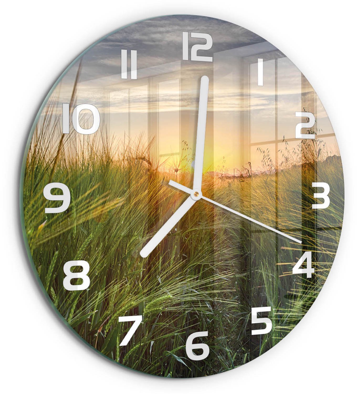 TULUP Wandklok - Tarweveld Glazen Wandklok Design - fi30 cm - Groente Klok Glas Met Opdruk - Witte handen - Ronde Klok - Wandklok Glas Met Motief - Decoratieve Glazen Klok