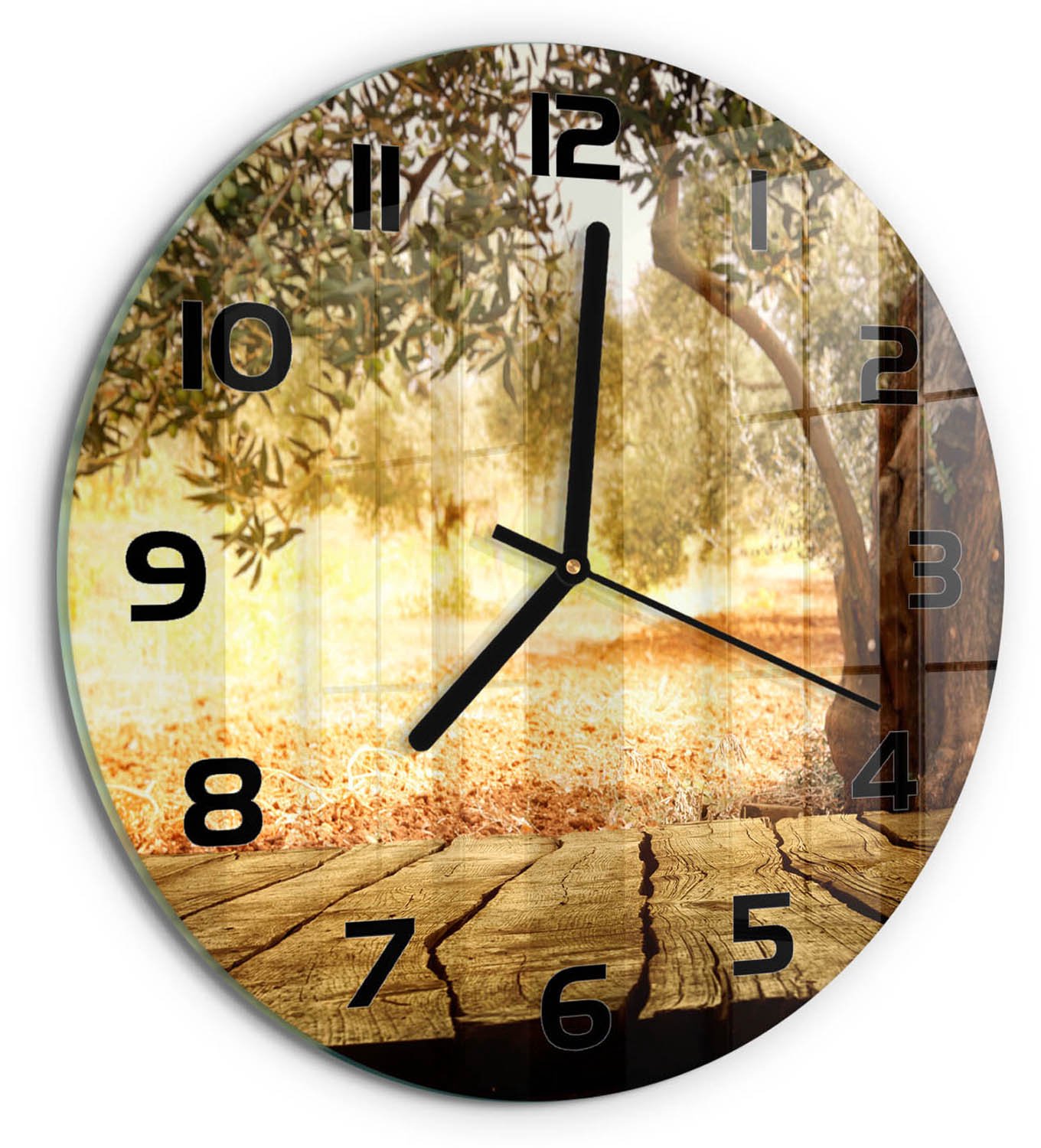 TULUP Wandklok - Olijfboom Moderne Wandklok Glas - fi30 cm - Bruin Wandklok Glas Decoratie - Zwarte handen - Ronde Klok - Glazen Wandklok Design - Klok Glas Met Opdruk