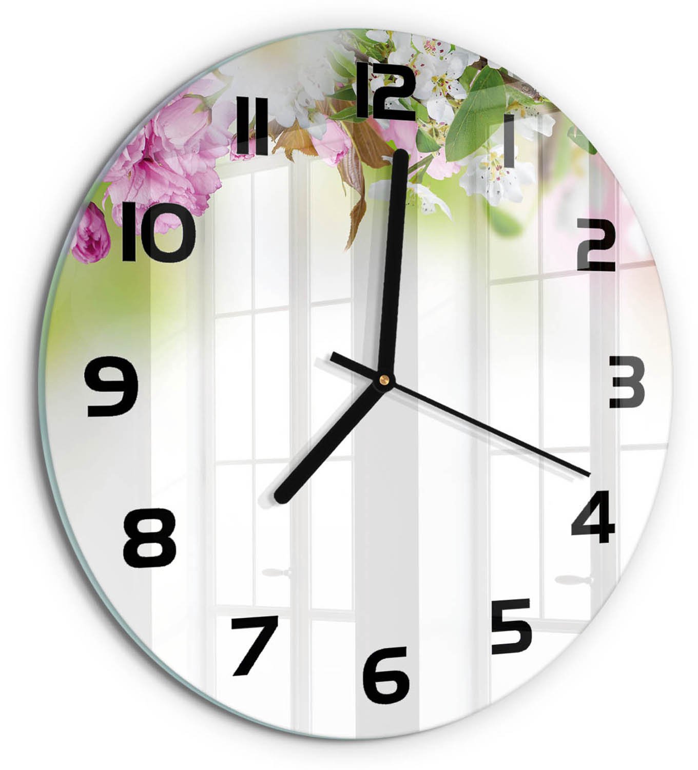 TULUP Wandklok - Lentebloemen Glazen Wandklok Design - fi30 cm - Veelkleurig Klok Glas Met Opdruk - Zwarte handen - Ronde Klok - Wandklok Glas Met Motief - Decoratieve Glazen Klok