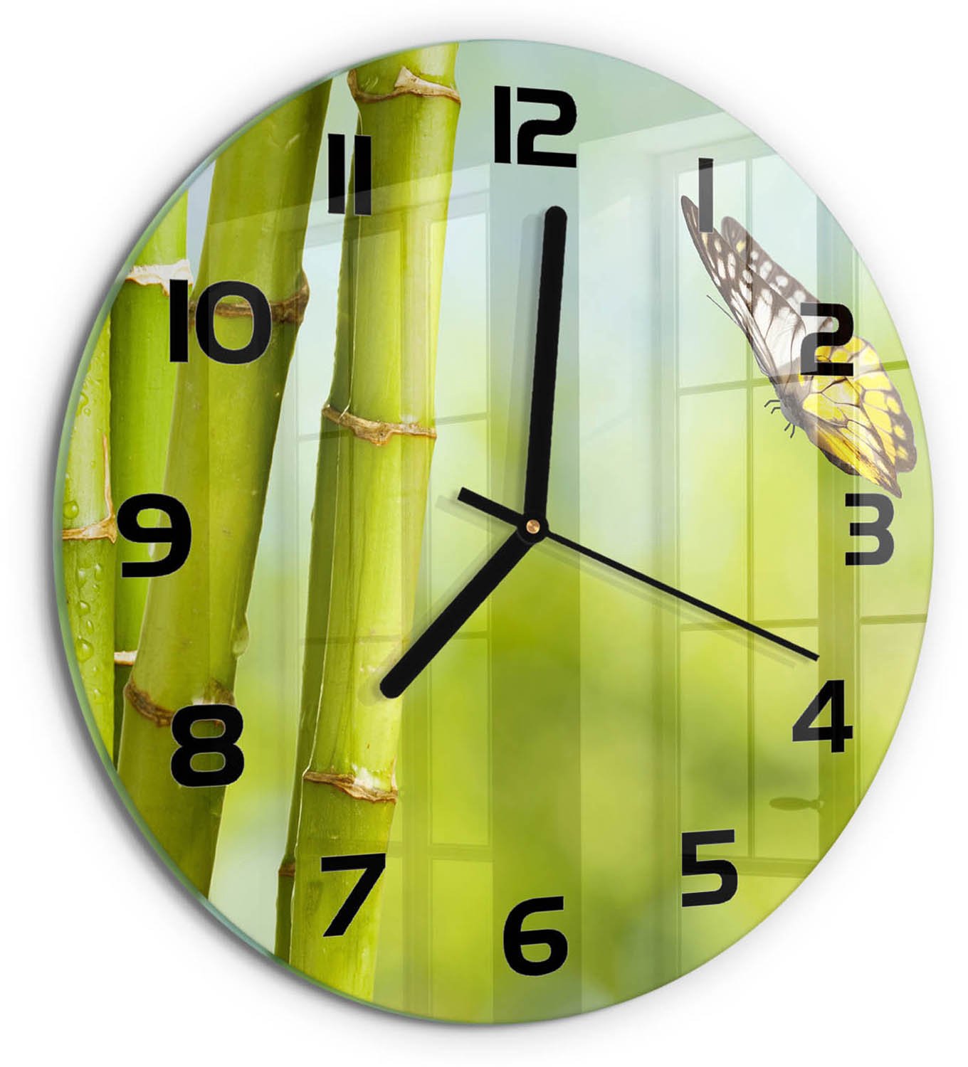 TULUP Wandklok - Bamboe en vlinder Decoratieve Glazen Klok - fi30 cm - Groente Glazen Wandklok Design - Zwarte handen - Ronde Klok - Glazen Klok Met Print - Wandklok Glas Met Motief