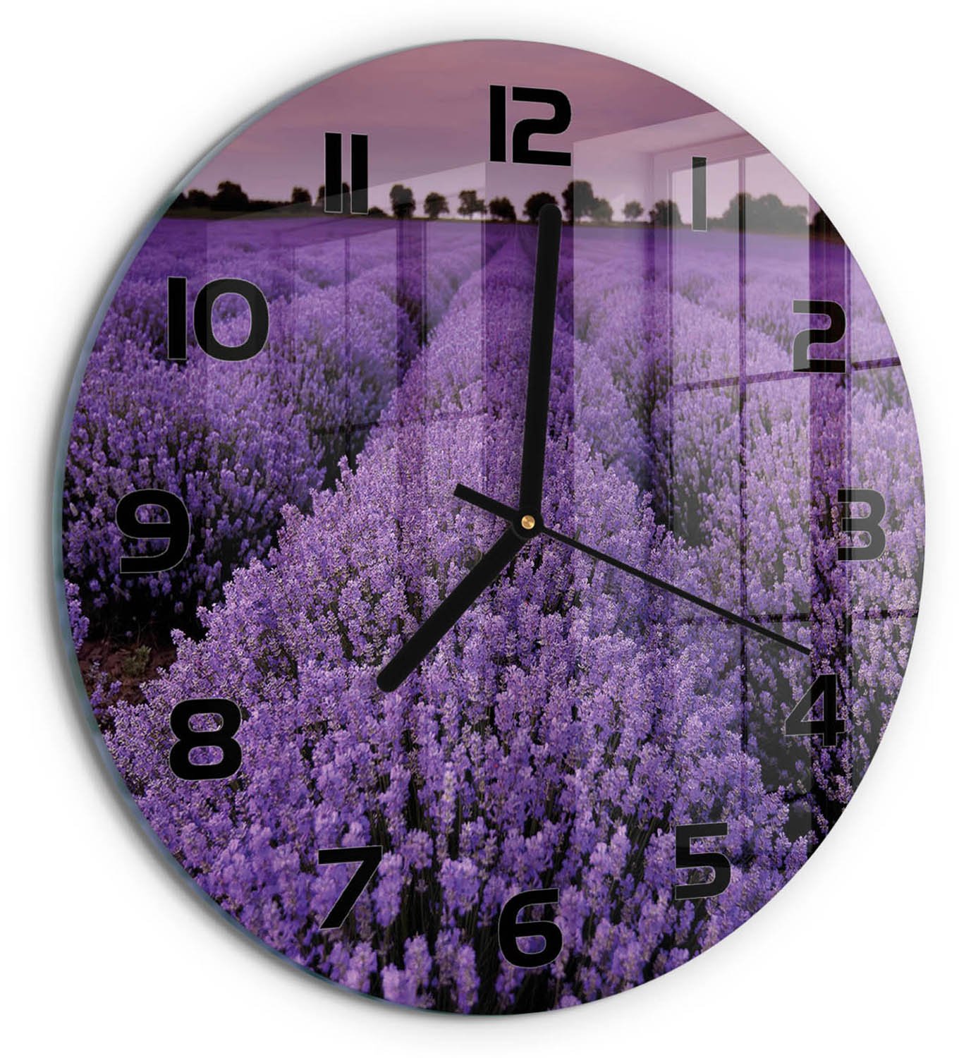 TULUP Wandklok - Lavendelveld Gekleurde Glazen Klok - fi30 cm - Paars Glazen Klok Met Print - Zwarte handen - Ronde Klok - Moderne Wandklok Glas - Wandklok Glas Decoratie