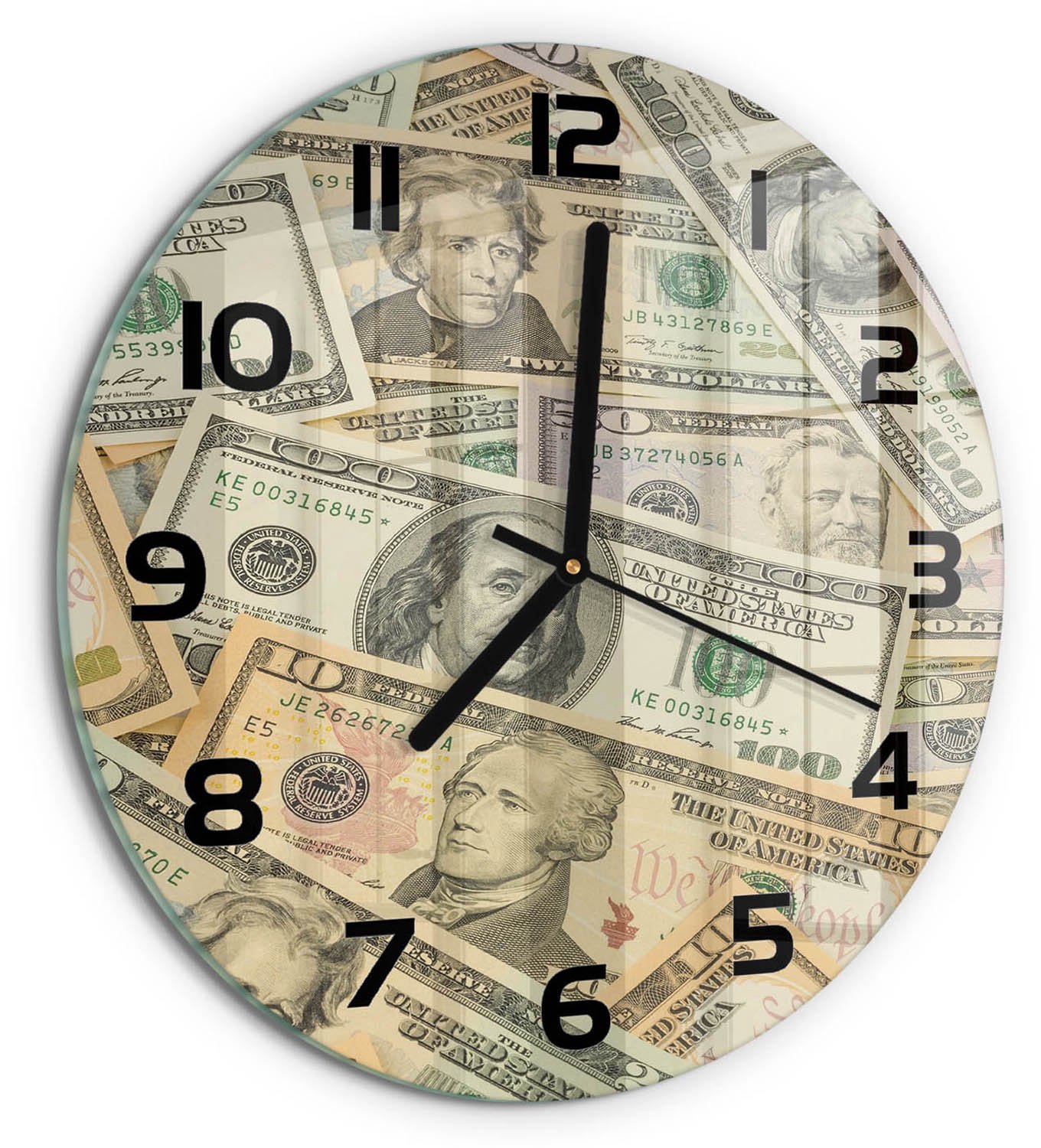 TULUP Wandklok - Dollarbankbiljetten Glazen Wandklok Design - fi30 cm - Beige Klok Glas Met Opdruk - Zwarte handen - Ronde Klok - Wandklok Glas Met Motief - Decoratieve Glazen Klok