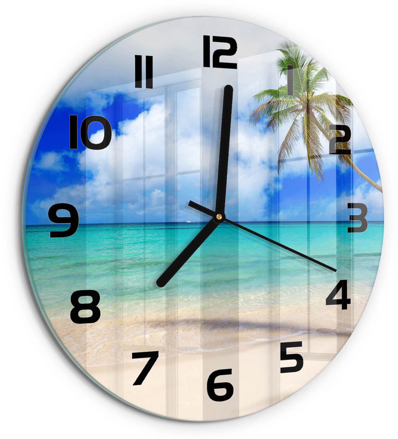 TULUP Wandklok - Caribisch strand Wandklok Glas Decoratie - fi30 cm - Blauw Gekleurde Glazen Klok - Zwarte handen - Ronde Klok - Klok Glas Met Opdruk - Moderne Wandklok Glas