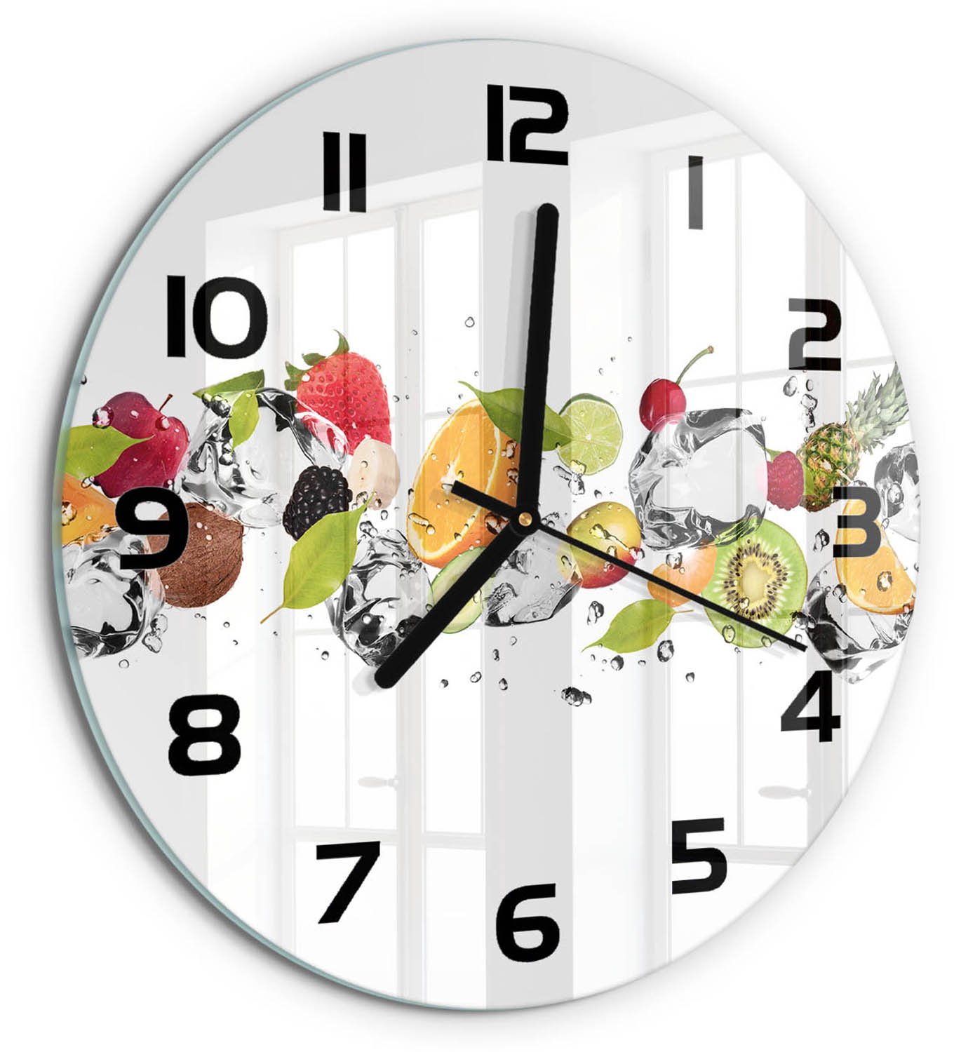TULUP Wandklok - Fruit en water Moderne Wandklok Glas - fi30 cm - Veelkleurig Wandklok Glas Decoratie - Zwarte handen - Ronde Klok - Glazen Wandklok Design - Klok Glas Met Opdruk