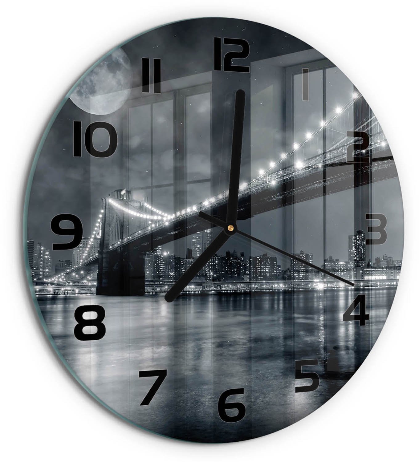 TULUP Wandklok - Brooklynbrug Glazen Klok Met Print - fi30 cm - Zwart-wit Wandklok Glas Met Motief - Zwarte handen - Ronde Klok - Wandklok Glas Decoratie - Gekleurde Glazen Klok