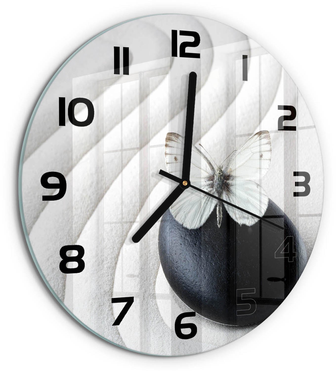 TULUP Wandklok - Zensteen en vlinder Klok Glas Met Opdruk - fi30 cm - Wit Moderne Wandklok Glas - Zwarte handen - Ronde Klok - Decoratieve Glazen Klok - Glazen Wandklok Design