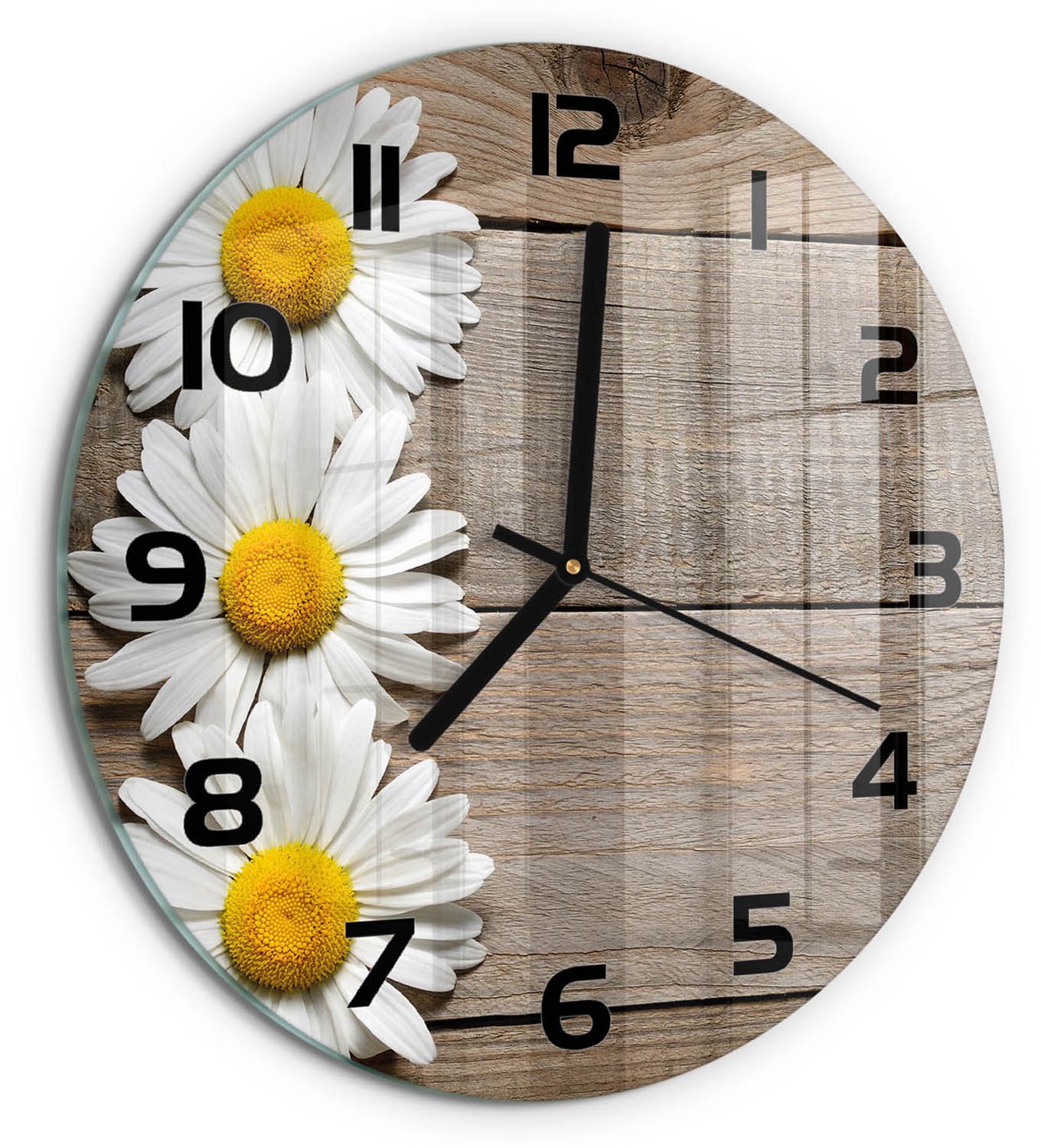 TULUP Wandklok - Madeliefjeshout Glazen Wandklok Design - fi30 cm - Bruin Klok Glas Met Opdruk - Zwarte handen - Ronde Klok - Wandklok Glas Met Motief - Decoratieve Glazen Klok