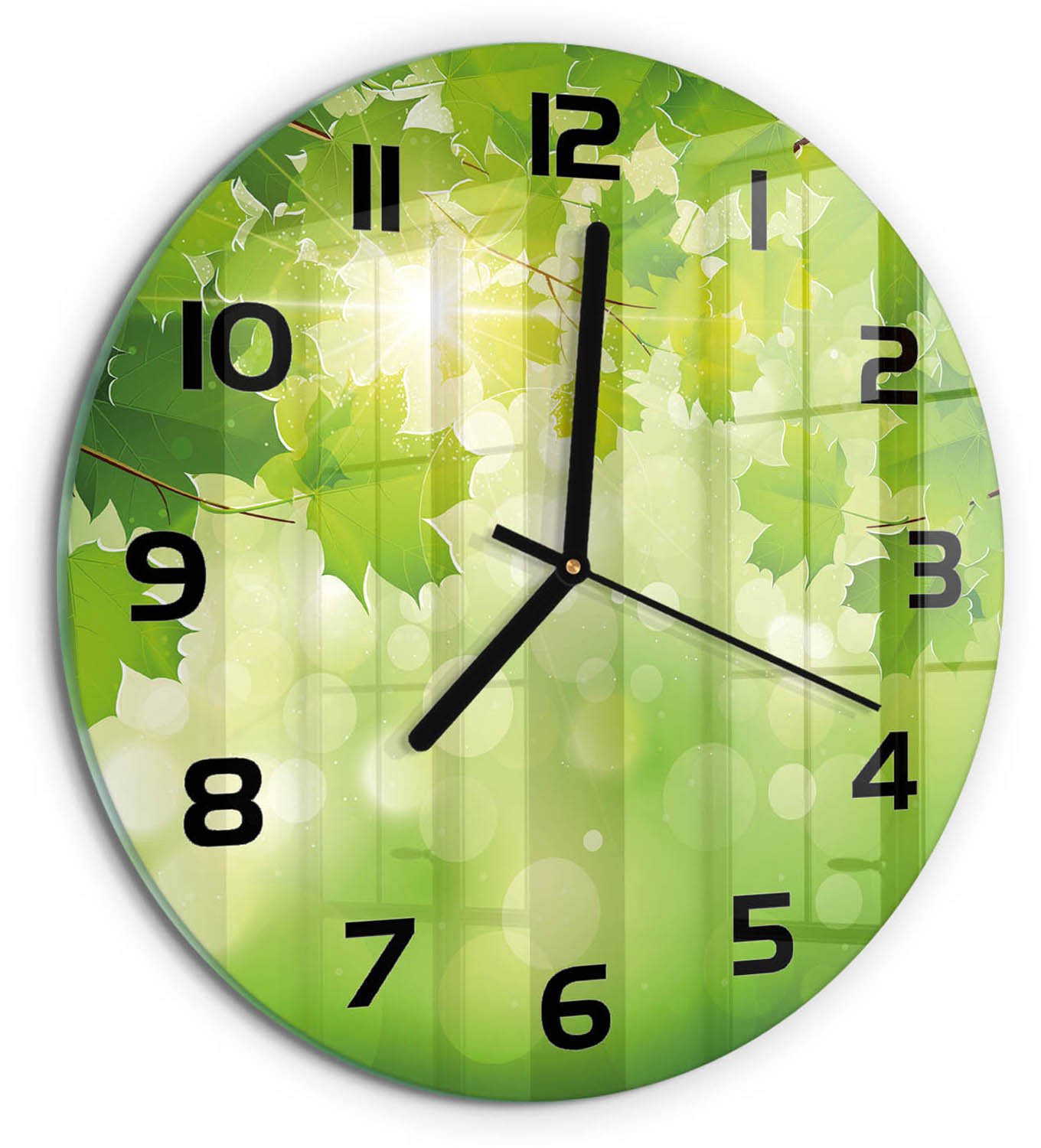 TULUP Wandklok - Paardenkastanjebladeren Wandklok Glas Met Motief - fi30 cm - Groente Decoratieve Glazen Klok - Zwarte handen - Ronde Klok - Gekleurde Glazen Klok - Glazen Klok Met Print