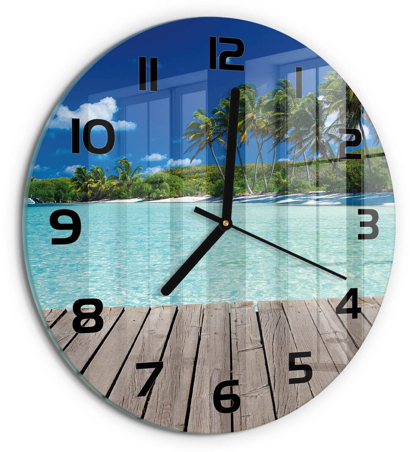 TULUP Wandklok - Tropisch strand Klok Glas Met Opdruk - fi30 cm - Groente Moderne Wandklok Glas - Zwarte handen - Ronde Klok - Decoratieve Glazen Klok - Glazen Wandklok Design
