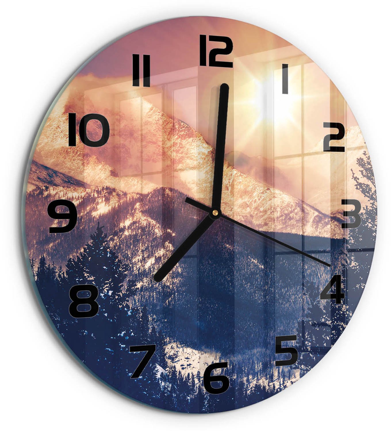 TULUP Wandklok - De zon boven de bergen Klok Glas Met Opdruk - fi30 cm - Geel Moderne Wandklok Glas - Zwarte handen - Ronde Klok - Decoratieve Glazen Klok - Glazen Wandklok Design