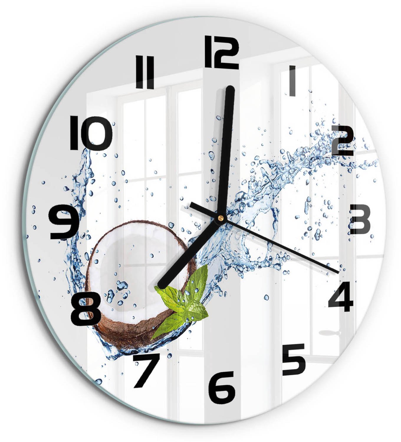 TULUP Wandklok - Kokosnoot en water Decoratieve Glazen Klok - fi30 cm - Bruin Glazen Wandklok Design - Zwarte handen - Ronde Klok - Glazen Klok Met Print - Wandklok Glas Met Motief