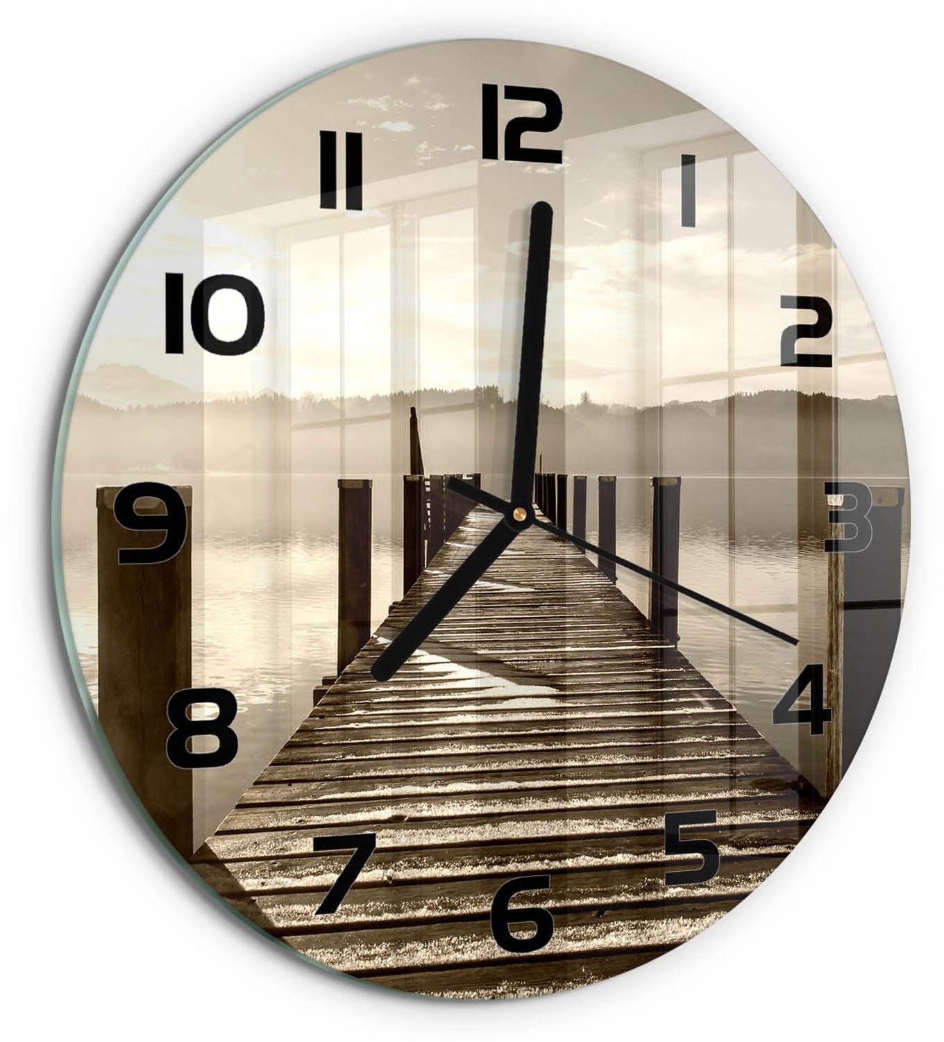 TULUP Wandklok - Houten brug Klok Glas Met Opdruk - fi30 cm - Bruin Moderne Wandklok Glas - Zwarte handen - Ronde Klok - Decoratieve Glazen Klok - Glazen Wandklok Design