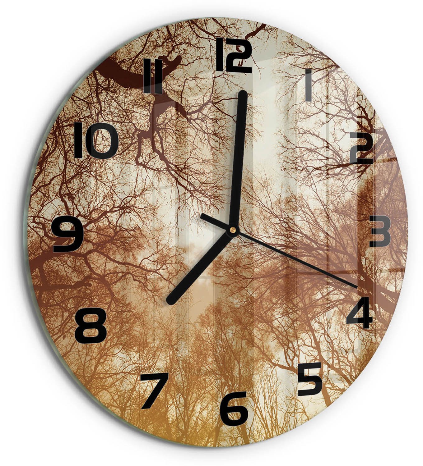 TULUP Wandklok - Woud Gekleurde Glazen Klok - fi30 cm - Bruin Glazen Klok Met Print - Zwarte handen - Ronde Klok - Moderne Wandklok Glas - Wandklok Glas Decoratie