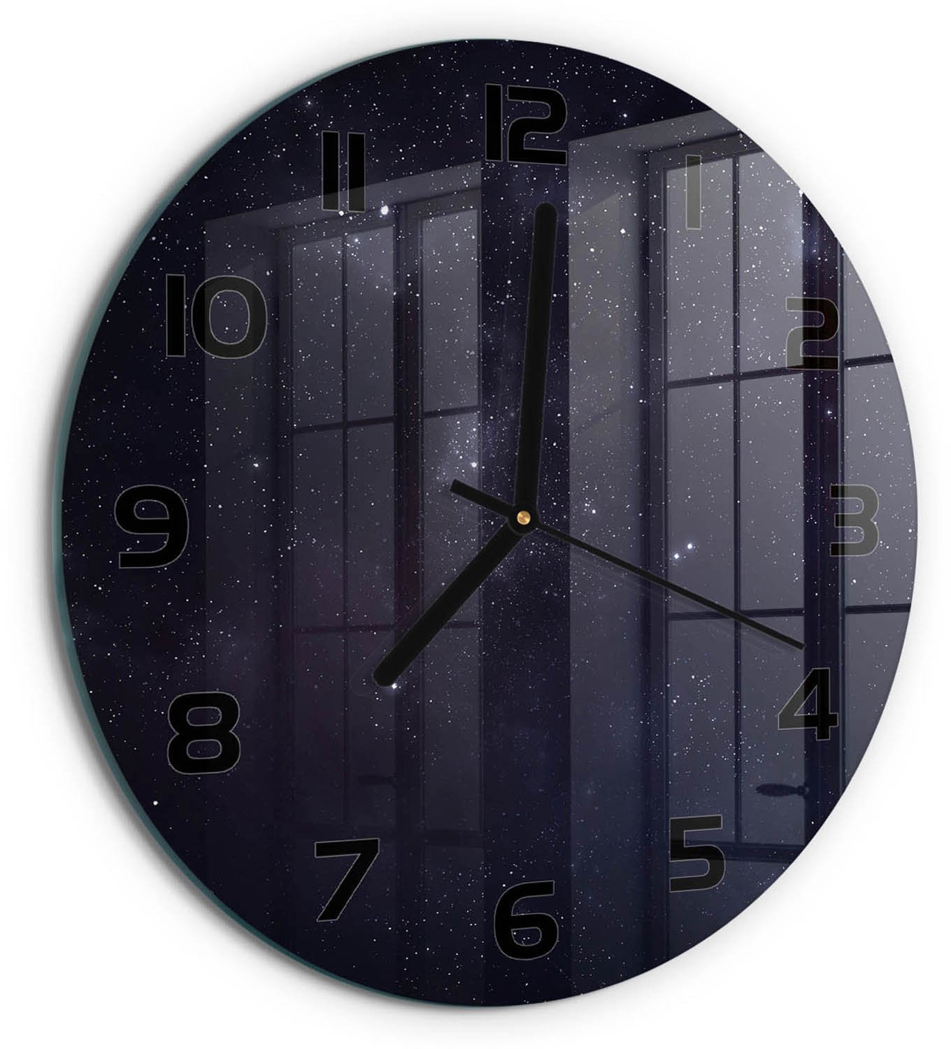 TULUP Wandklok - Sterrenbeeld Wandklok Glas Met Motief - fi30 cm - Zwart Decoratieve Glazen Klok - Zwarte handen - Ronde Klok - Gekleurde Glazen Klok - Glazen Klok Met Print