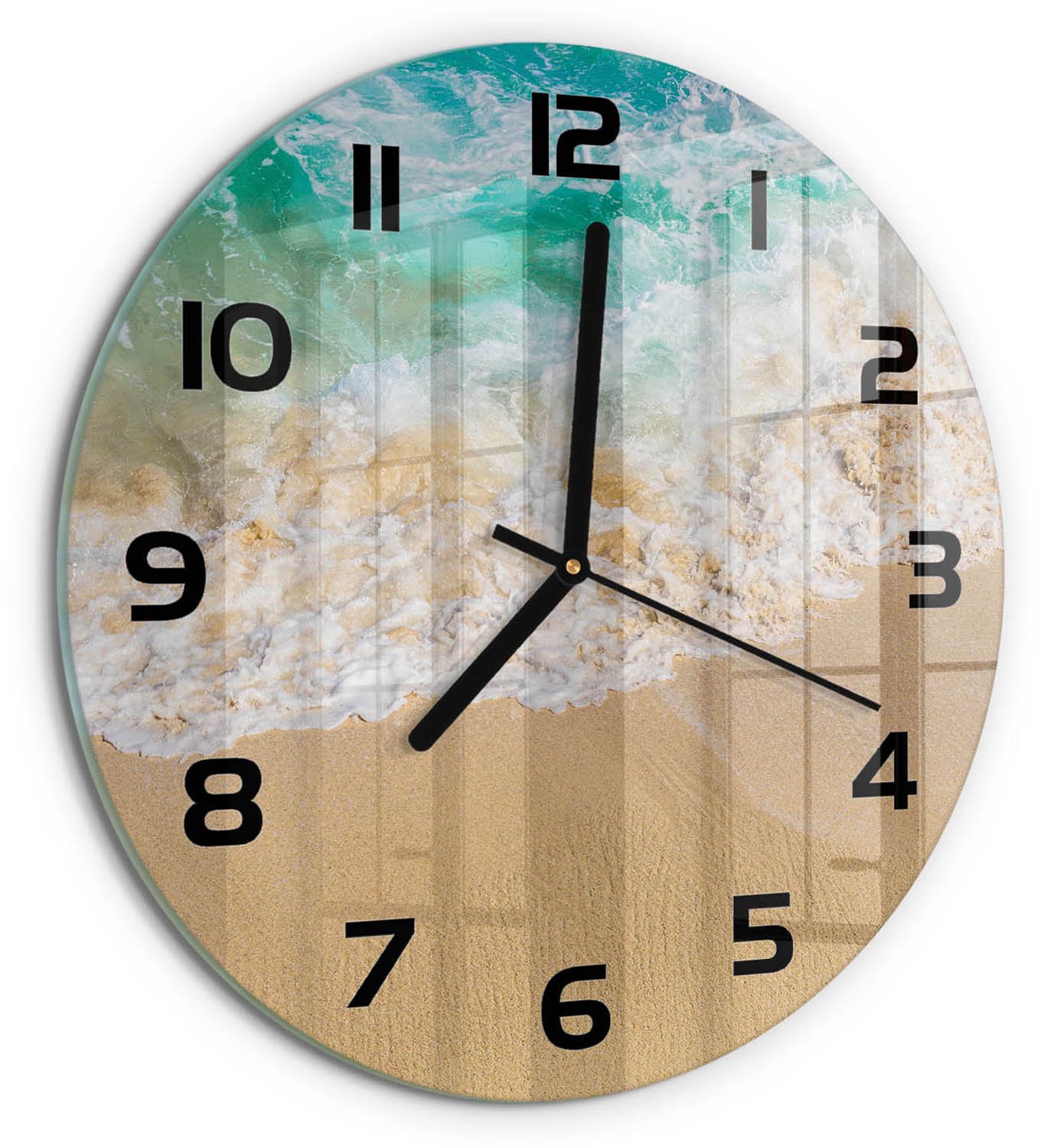 TULUP Wandklok - Strand en zee Gekleurde Glazen Klok - fi30 cm - Blauw Glazen Klok Met Print - Zwarte handen - Ronde Klok - Moderne Wandklok Glas - Wandklok Glas Decoratie