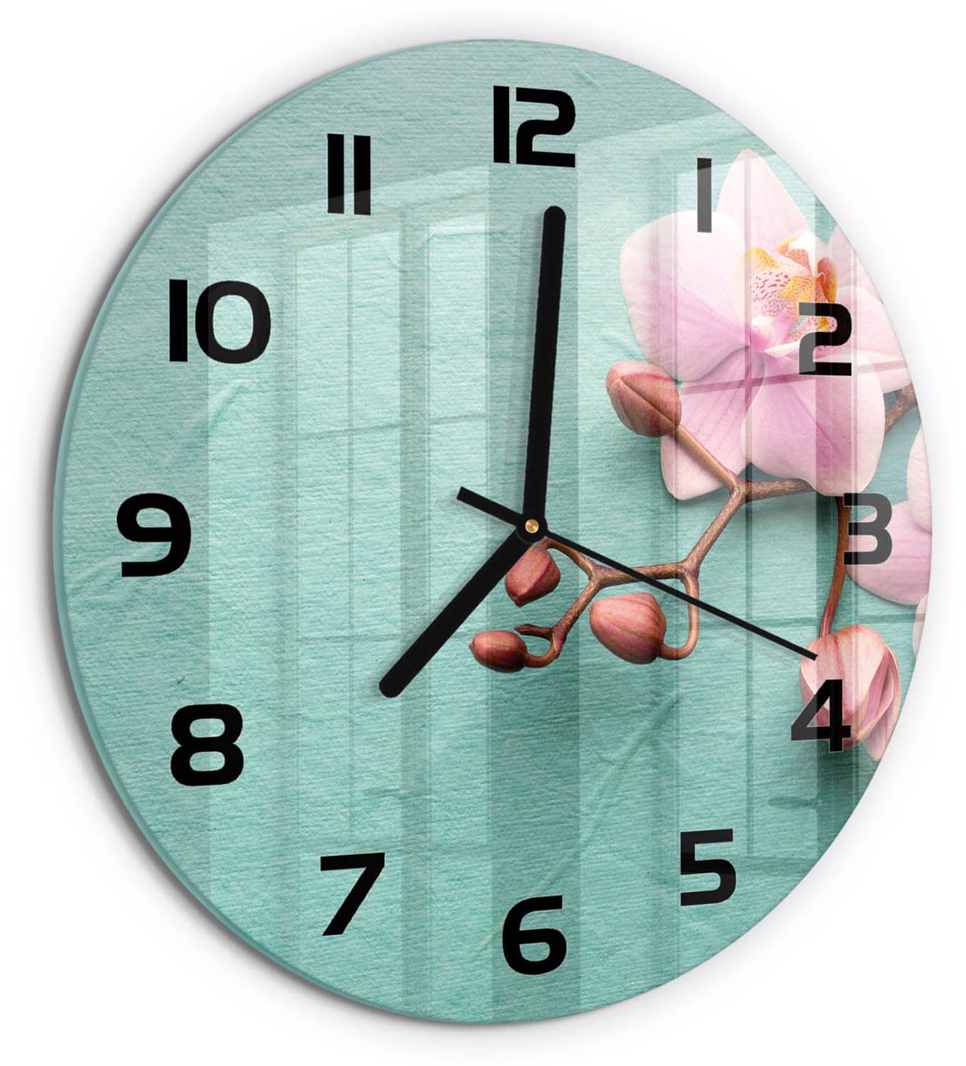 TULUP Wandklok - Orchidee Klok Glas Met Opdruk - fi30 cm - Roze Moderne Wandklok Glas - Zwarte handen - Ronde Klok - Decoratieve Glazen Klok - Glazen Wandklok Design