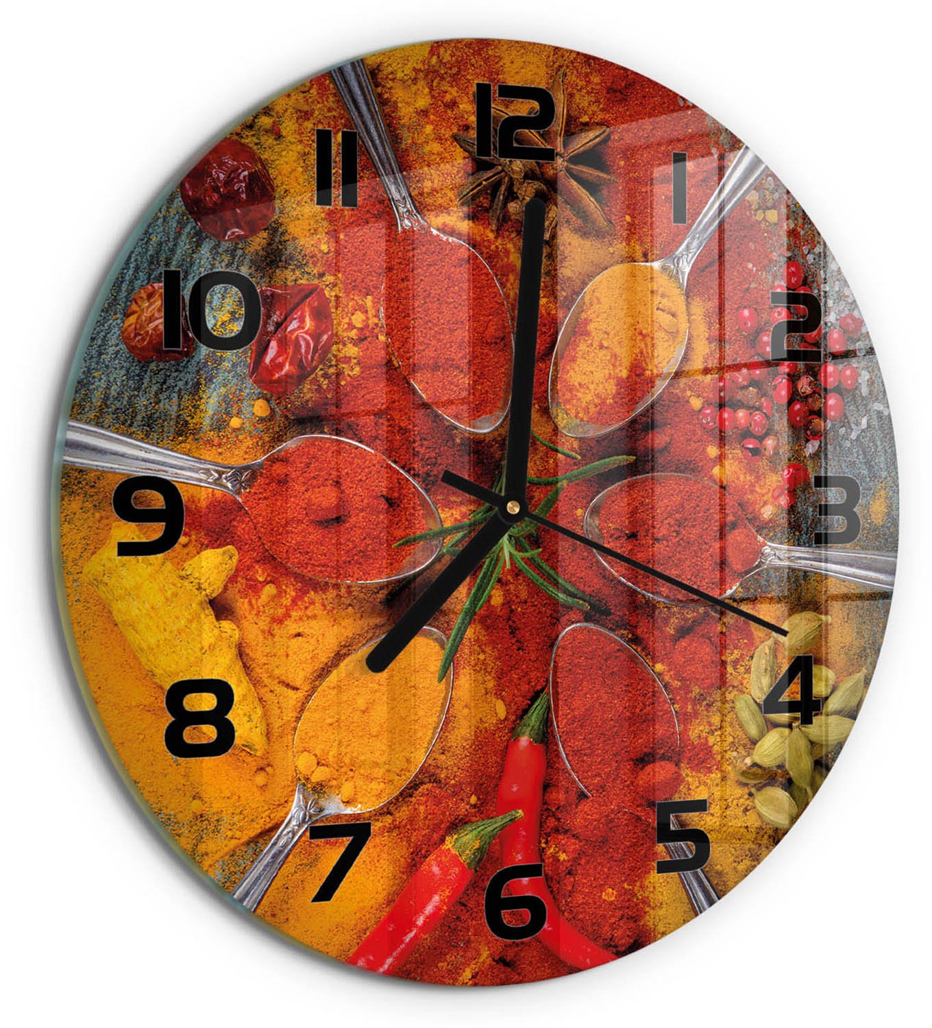 TULUP Wandklok - Specerijen Glazen Wandklok Design - fi30 cm - Rood Klok Glas Met Opdruk - Zwarte handen - Ronde Klok - Wandklok Glas Met Motief - Decoratieve Glazen Klok
