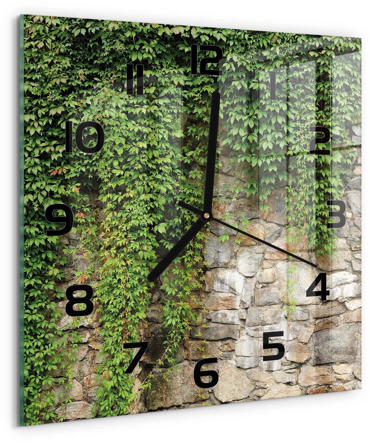TULUP Wandklok - Groene klimop Decoratieve Glazen Klok - 30x30 cm - Groente Glazen Wandklok Design - Zwarte handen - Vierkante Klok - Glazen Klok Met Print - Wandklok Glas Met Motief