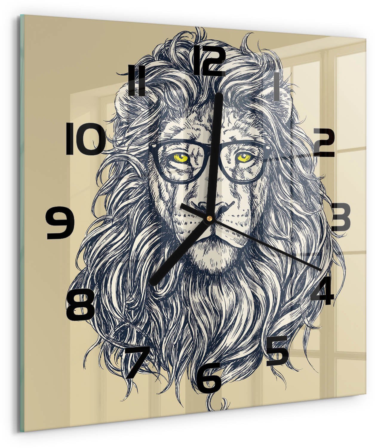 TULUP Wandklok - Hipster Leeuw Moderne Wandklok Glas - 30x30 cm - Beige Wandklok Glas Decoratie - Zwarte handen - Vierkante Klok - Glazen Wandklok Design - Klok Glas Met Opdruk