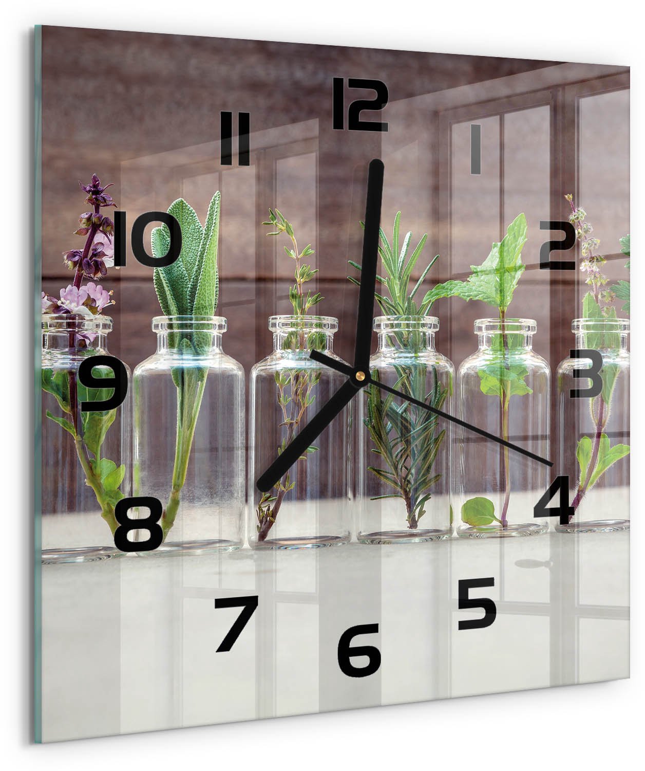 TULUP Wandklok - Planten in glazen Glazen Klok Met Print - 30x30 cm - Groente Wandklok Glas Met Motief - Zwarte handen - Vierkante Klok - Wandklok Glas Decoratie - Gekleurde Glazen Klok