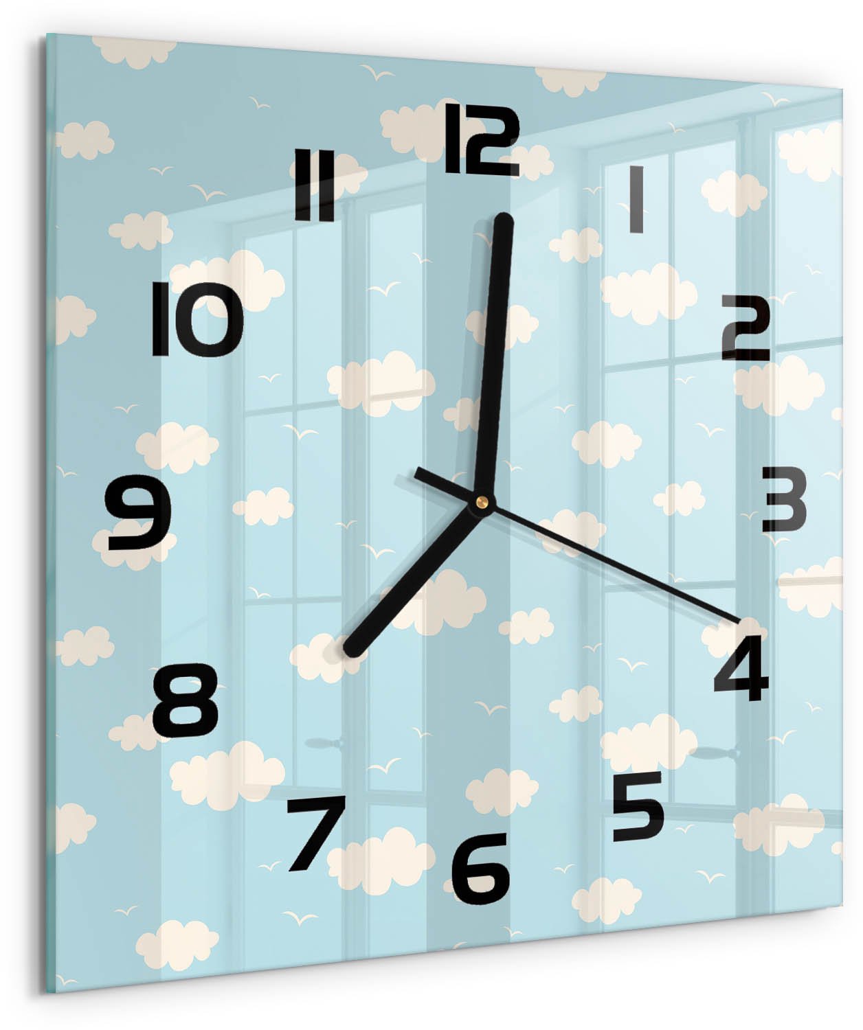 TULUP Wandklok - Wolk Wandklok Glas Decoratie - 30x30 cm - Blauw Gekleurde Glazen Klok - Zwarte handen - Vierkante Klok - Klok Glas Met Opdruk - Moderne Wandklok Glas