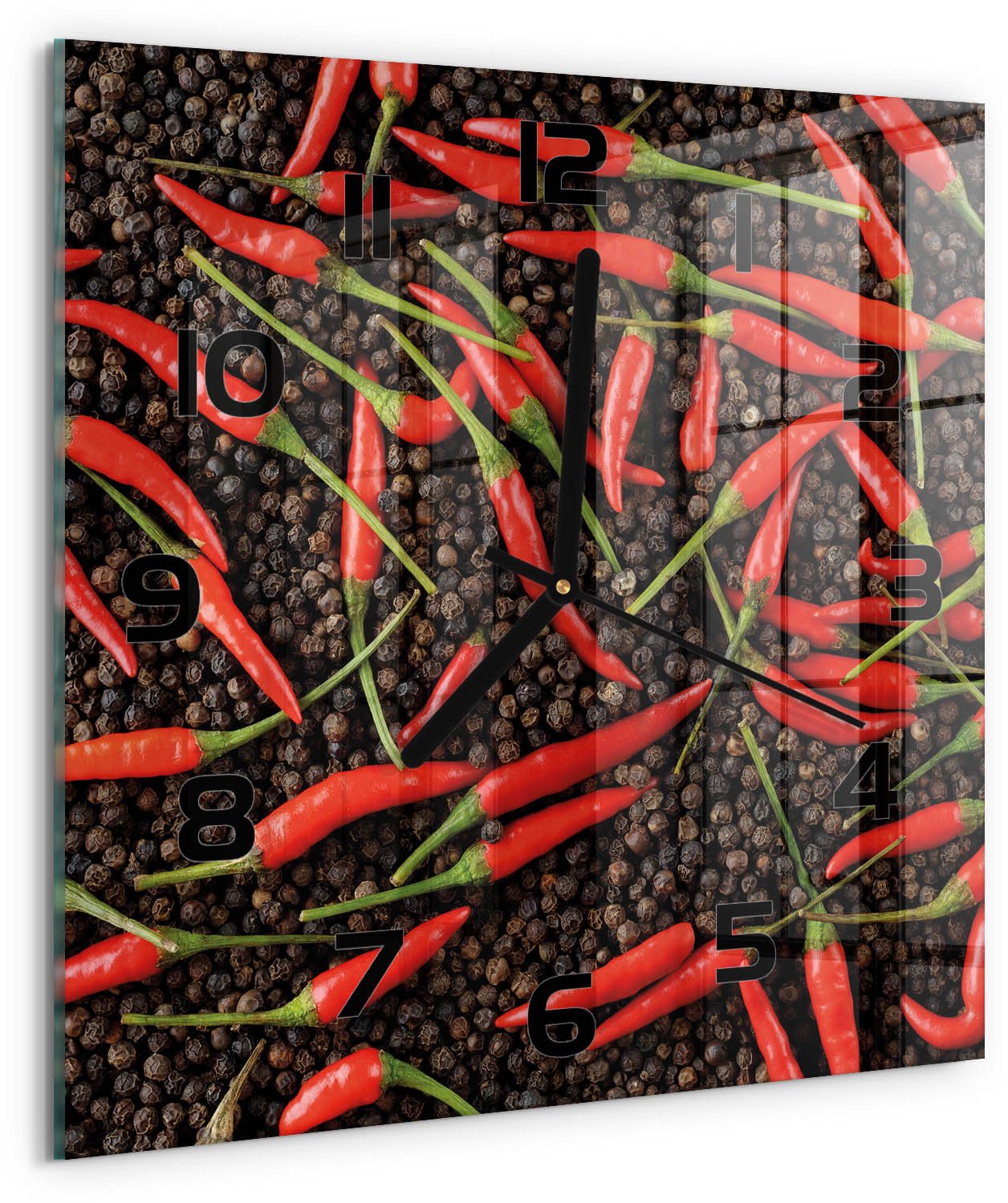 TULUP Wandklok - Chilipepers Decoratieve Glazen Klok - 30x30 cm - Rood Glazen Wandklok Design - Zwarte handen - Vierkante Klok - Glazen Klok Met Print - Wandklok Glas Met Motief