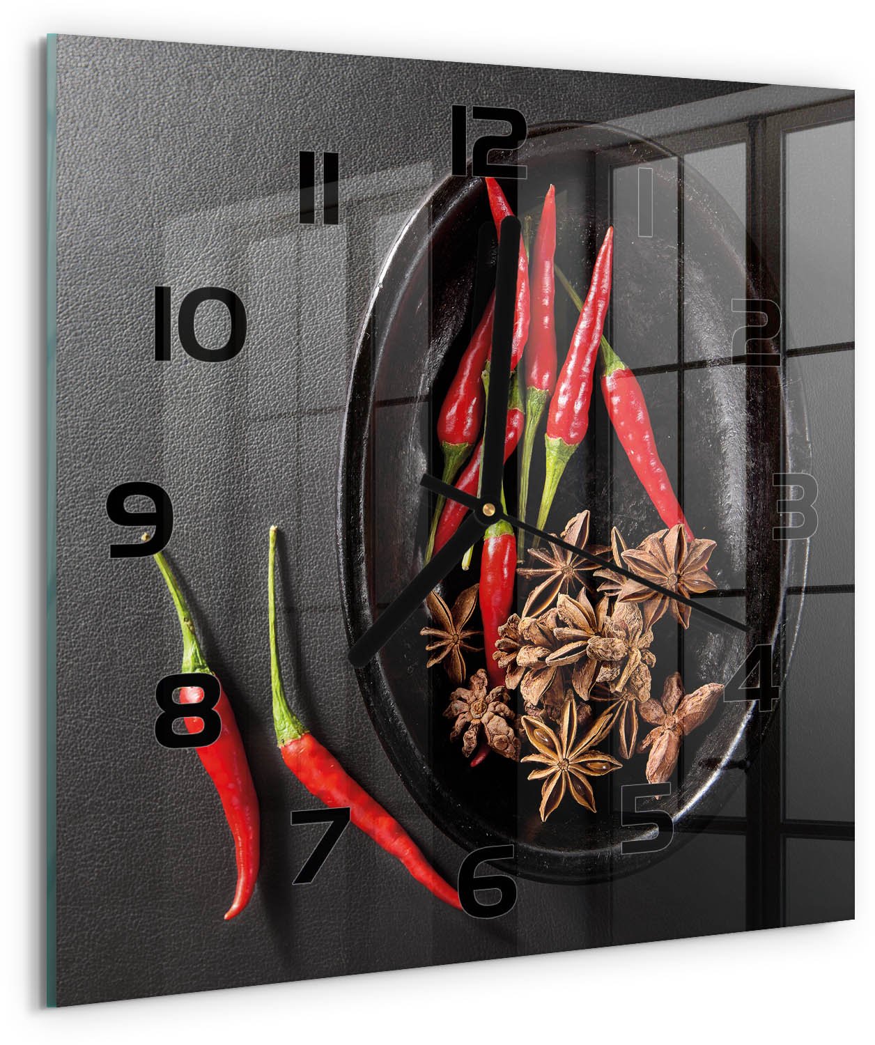 TULUP Wandklok - Chilipepers Glazen Wandklok Design - 30x30 cm - Rood Klok Glas Met Opdruk - Zwarte handen - Vierkante Klok - Wandklok Glas Met Motief - Decoratieve Glazen Klok