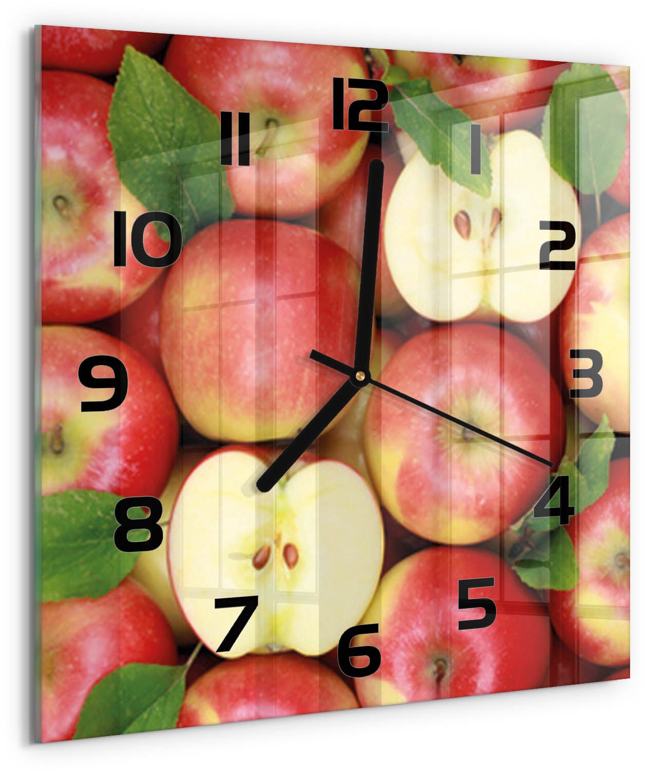 TULUP Wandklok - Appels Wandklok Glas Decoratie - 30x30 cm - Rood Gekleurde Glazen Klok - Zwarte handen - Vierkante Klok - Klok Glas Met Opdruk - Moderne Wandklok Glas