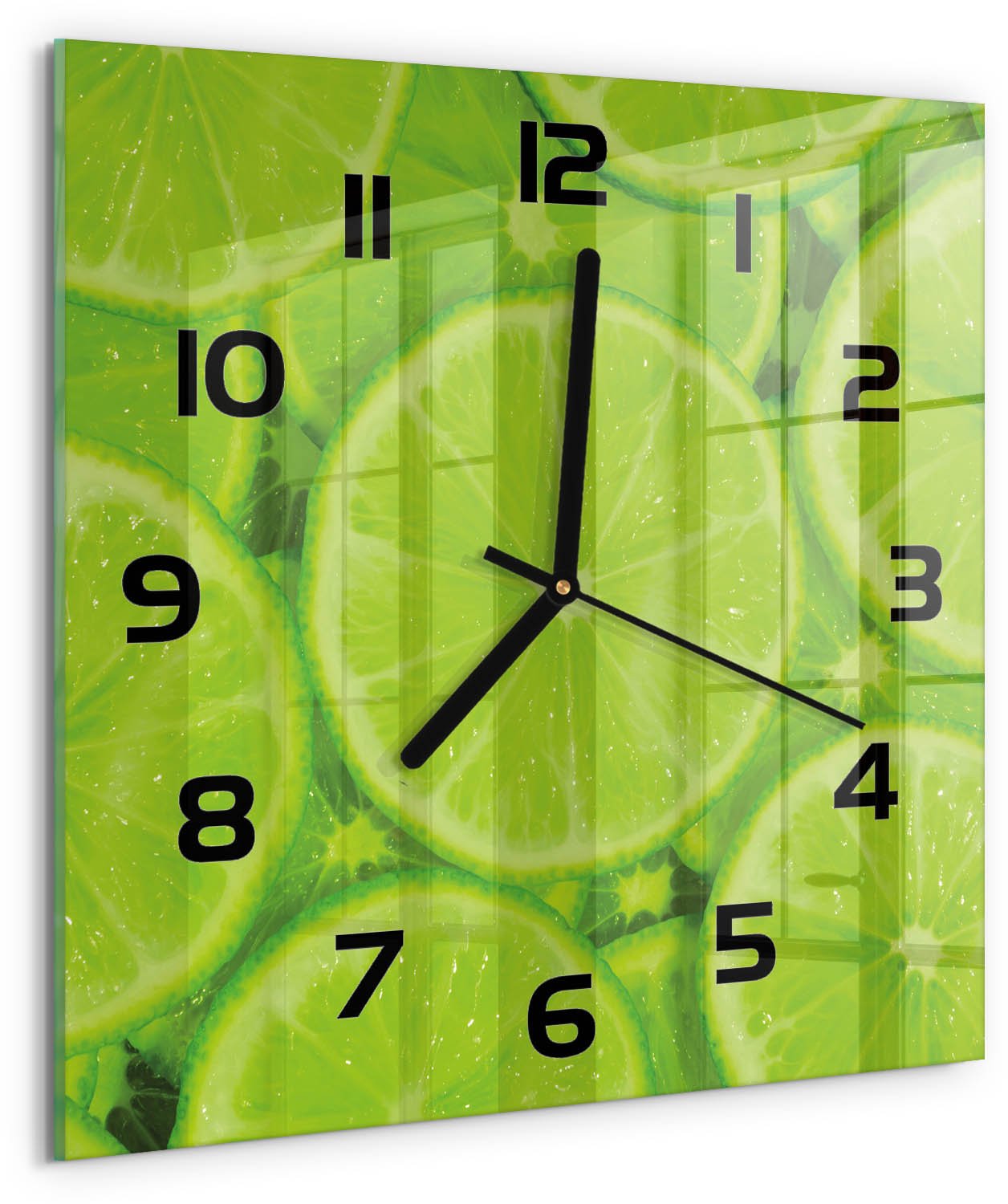 Tulup Wandklok - Limoenen Klok Glas Met Opdruk - 30x30 cm - Groente Moderne Wandklok Glas - Zwarte handen - Vierkante Klok - Decoratieve Glazen Klok - Glazen Wandklok Design