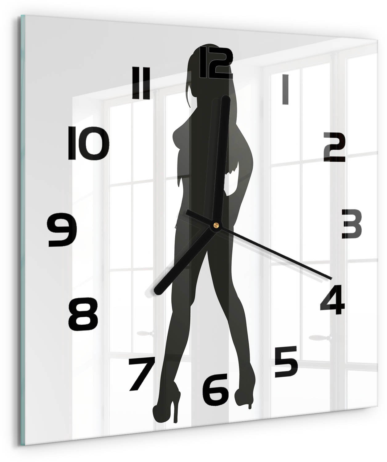 Tulup Wandklok - Silhouet van een vrouw Klok Glas Met Opdruk - 30x30 cm - Zwart-wit Moderne Wandklok Glas - Zwarte handen - Vierkante Klok - Decoratieve Glazen Klok - Glazen Wandklok Design