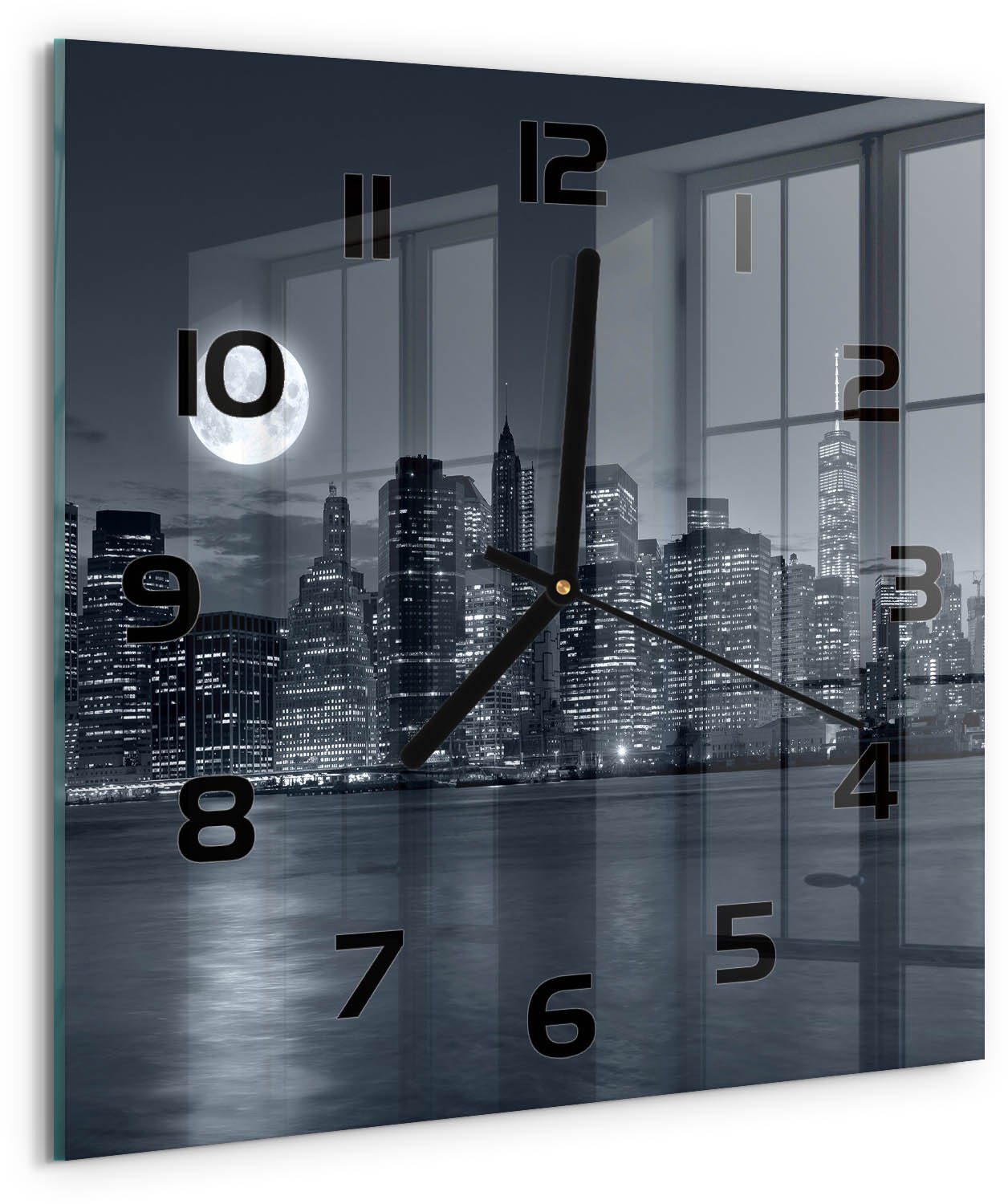 Tulup Wandklok - New York 's nachts Wandklok Glas Met Motief - 30x30 cm - Zwart-wit Decoratieve Glazen Klok - Zwarte handen - Vierkante Klok - Gekleurde Glazen Klok - Glazen Klok Met Print
