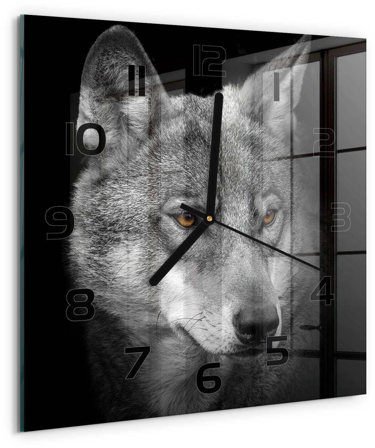 TULUP Wandklok - Wolf Decoratieve Glazen Klok - 30x30 cm - Grijs Glazen Wandklok Design - Zwarte handen - Vierkante Klok - Glazen Klok Met Print - Wandklok Glas Met Motief