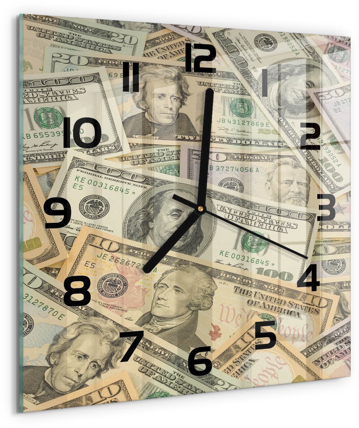 TULUP Wandklok - Dollarbankbiljetten Gekleurde Glazen Klok - 30x30 cm - Beige Glazen Klok Met Print - Zwarte handen - Vierkante Klok - Moderne Wandklok Glas - Wandklok Glas Decoratie