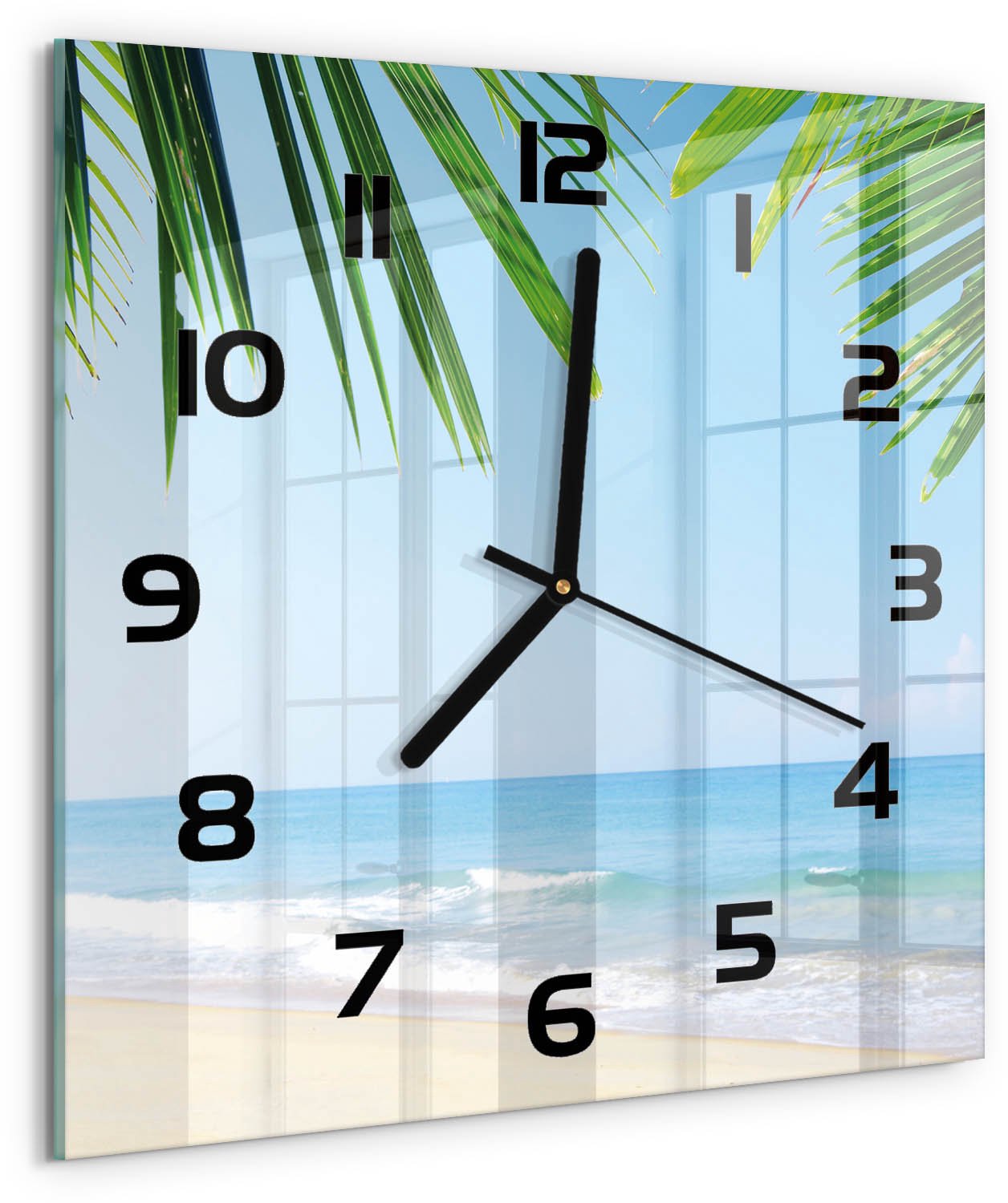 Tulup Wandklok - Tropisch strand Klok Glas Met Opdruk - 30x30 cm - Groente Moderne Wandklok Glas - Zwarte handen - Vierkante Klok - Decoratieve Glazen Klok - Glazen Wandklok Design