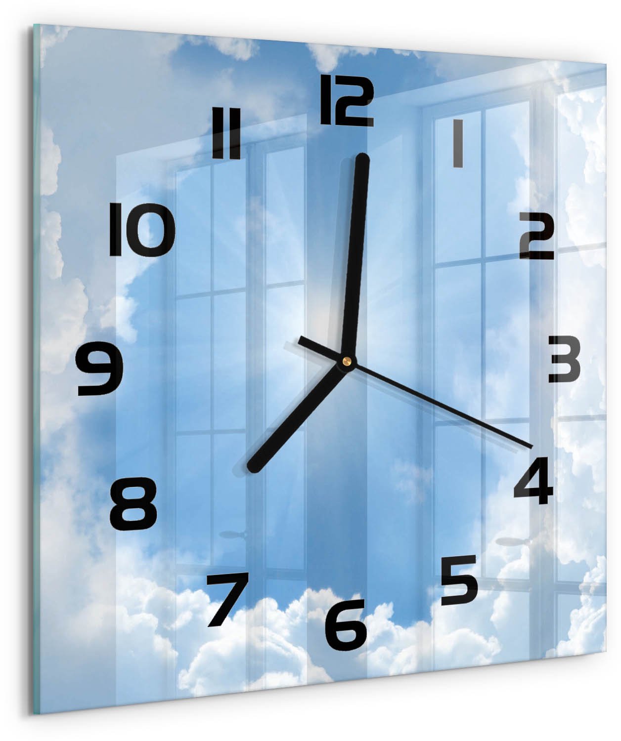 Tulup Wandklok - Wolken aan de hemel Decoratieve Glazen Klok - 30x30 cm - Blauw Glazen Wandklok Design - Zwarte handen - Vierkante Klok - Glazen Klok Met Print - Wandklok Glas Met Motief