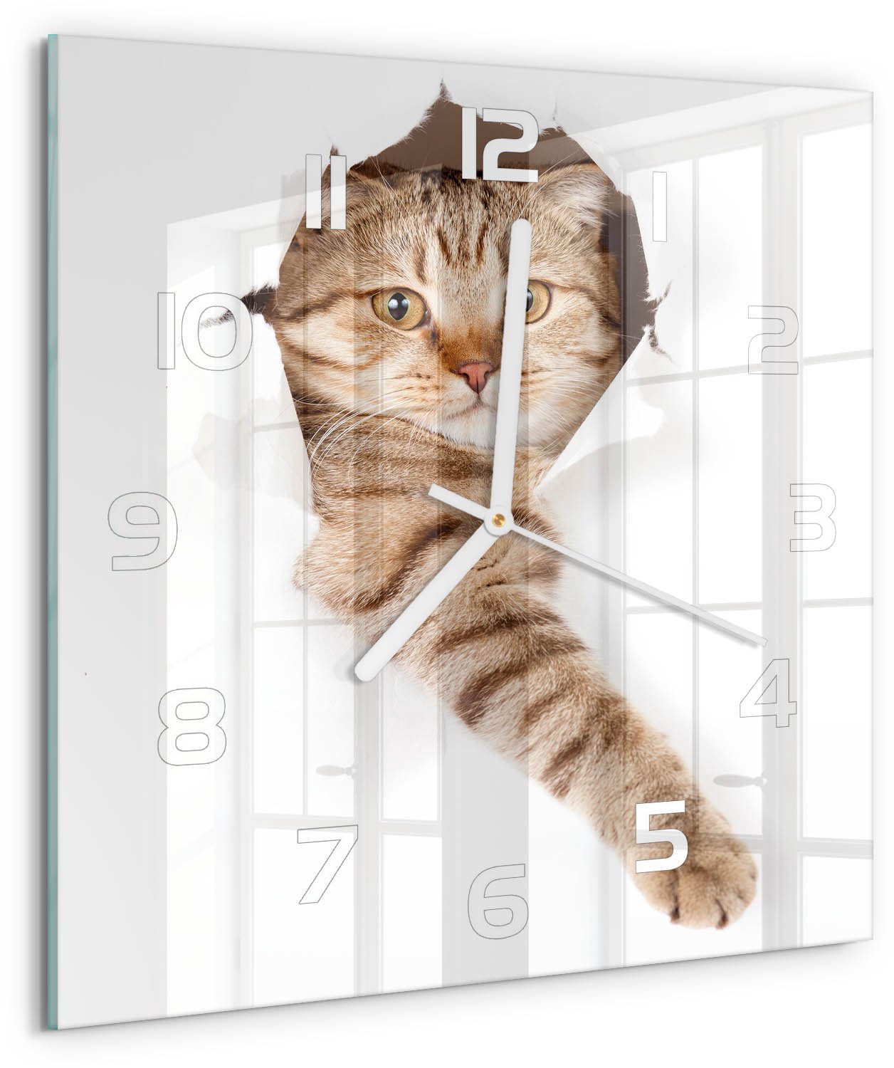 Tulup Wandklok - Kat Moderne Wandklok Glas - 30x30 cm - Beige Wandklok Glas Decoratie - Witte handen - Vierkante Klok - Glazen Wandklok Design - Klok Glas Met Opdruk