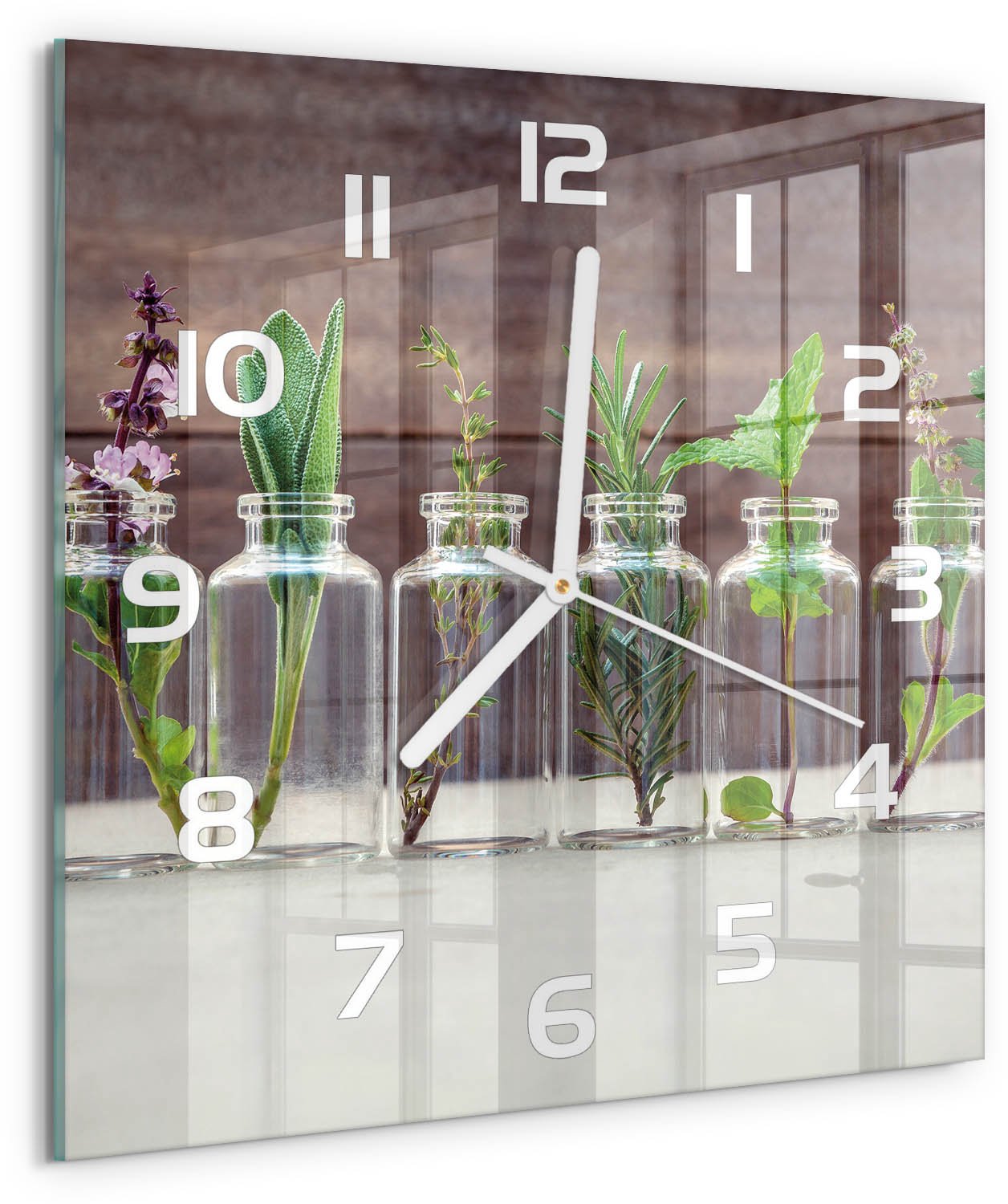Tulup Wandklok - Planten in glazen Moderne Wandklok Glas - 30x30 cm - Groente Wandklok Glas Decoratie - Witte handen - Vierkante Klok - Glazen Wandklok Design - Klok Glas Met Opdruk