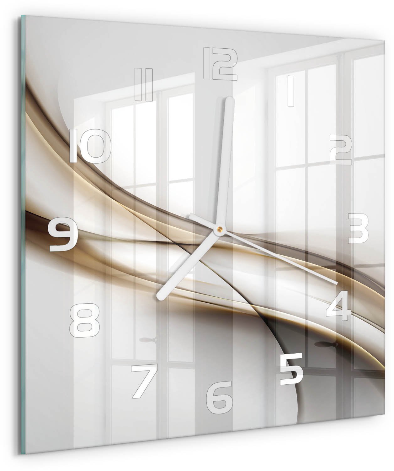 Tulup Wandklok - Bruine golf Wandklok Glas Met Motief - 30x30 cm - Beige Decoratieve Glazen Klok - Witte handen - Vierkante Klok - Gekleurde Glazen Klok - Glazen Klok Met Print