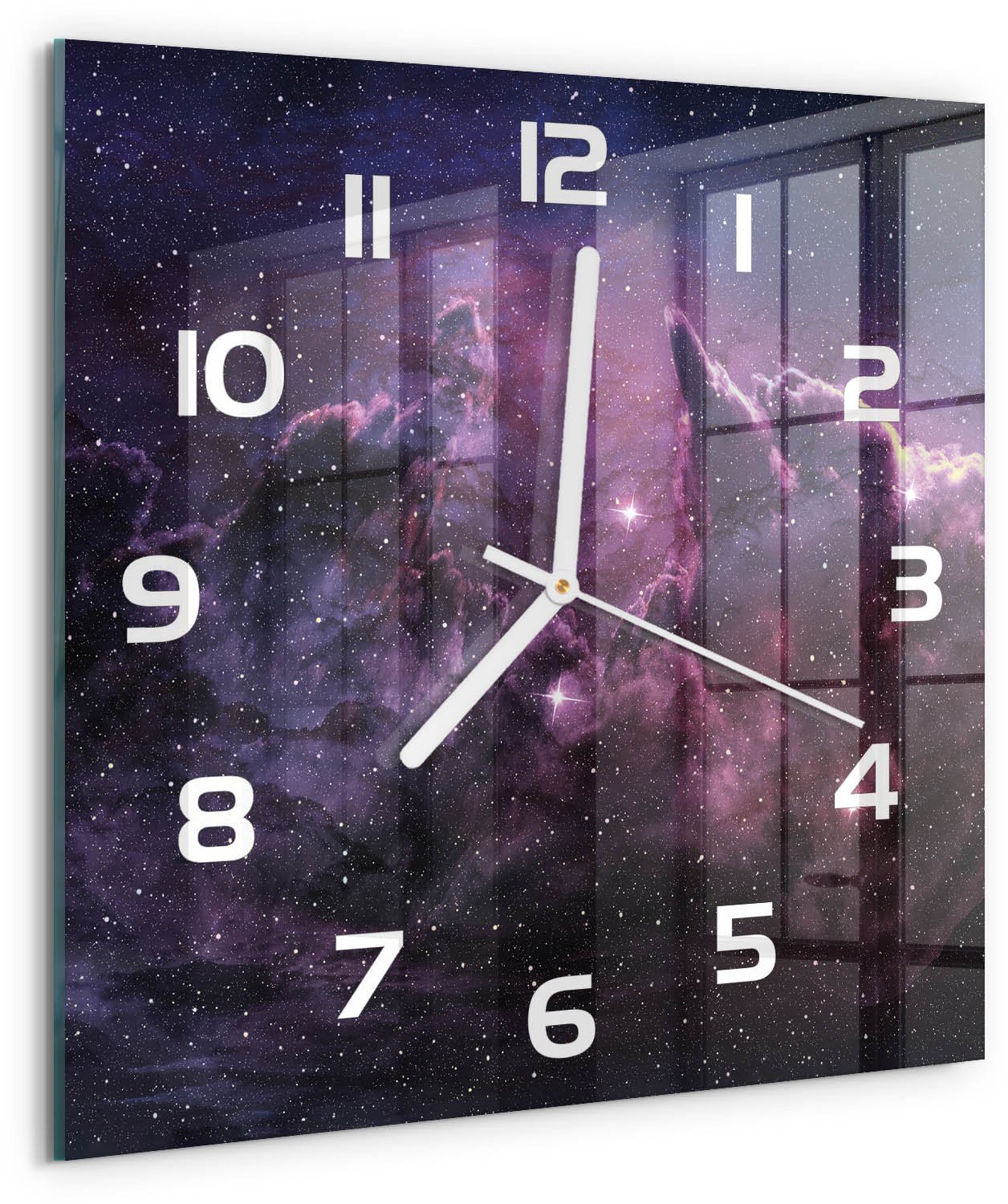 TULUP Wandklok - Mist Decoratieve Glazen Klok - 30x30 cm - Paars Glazen Wandklok Design - Witte handen - Vierkante Klok - Glazen Klok Met Print - Wandklok Glas Met Motief