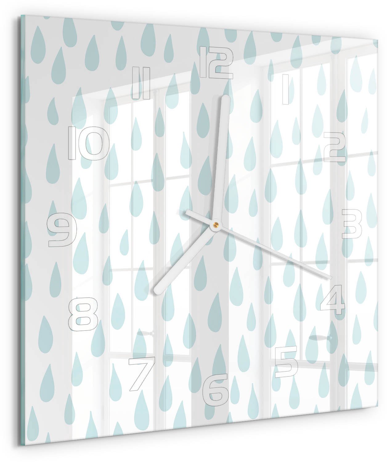 Tulup Wandklok - Druppel Moderne Wandklok Glas - 30x30 cm - Blauw Wandklok Glas Decoratie - Witte handen - Vierkante Klok - Glazen Wandklok Design - Klok Glas Met Opdruk