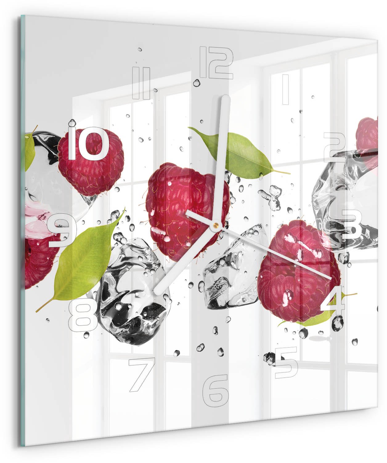 Tulup Wandklok - Framboos en water Klok Glas Met Opdruk - 30x30 cm - Roze Moderne Wandklok Glas - Witte handen - Vierkante Klok - Decoratieve Glazen Klok - Glazen Wandklok Design