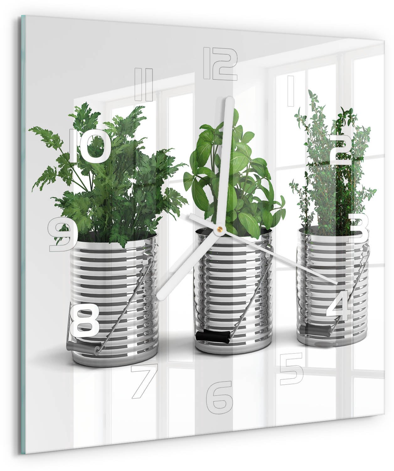 Tulup Wandklok - Aromatische planten Moderne Wandklok Glas - 30x30 cm - Groente Wandklok Glas Decoratie - Witte handen - Vierkante Klok - Glazen Wandklok Design - Klok Glas Met Opdruk