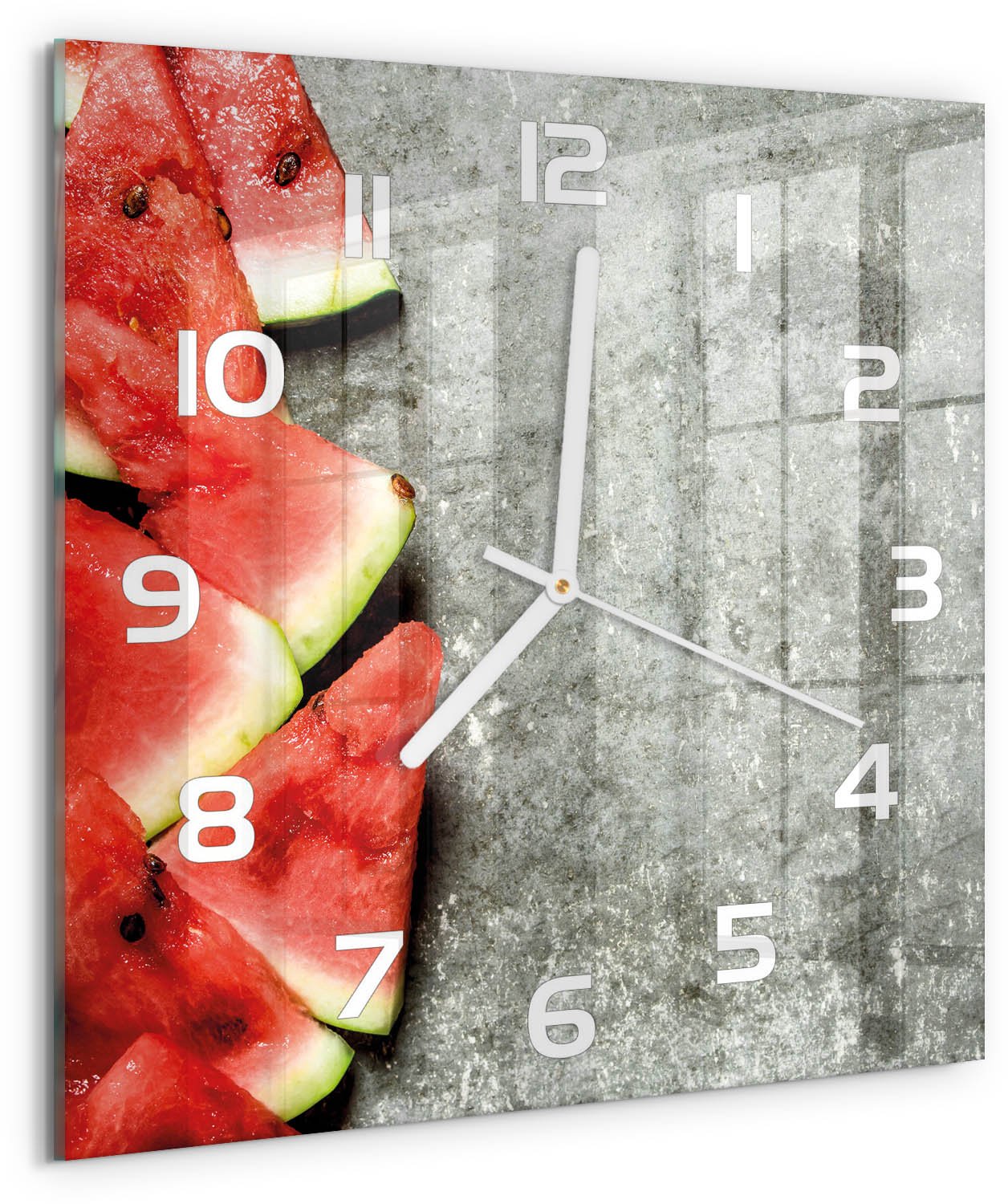 Tulup Wandklok - Gesneden watermeloen Glazen Wandklok Design - 30x30 cm - Rood Klok Glas Met Opdruk - Witte handen - Vierkante Klok - Wandklok Glas Met Motief - Decoratieve Glazen Klok