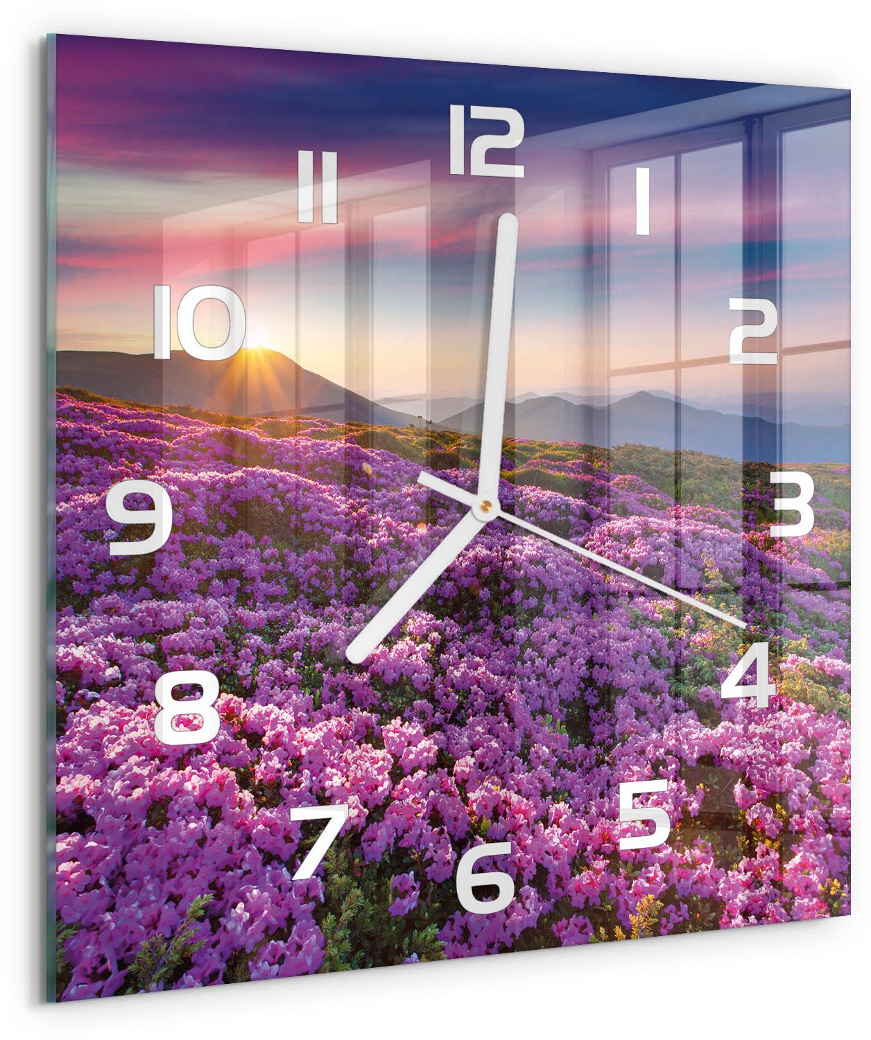 Tulup Wandklok - Bloemen in de bergen Decoratieve Glazen Klok - 30x30 cm - Paars Glazen Wandklok Design - Witte handen - Vierkante Klok - Glazen Klok Met Print - Wandklok Glas Met Motief